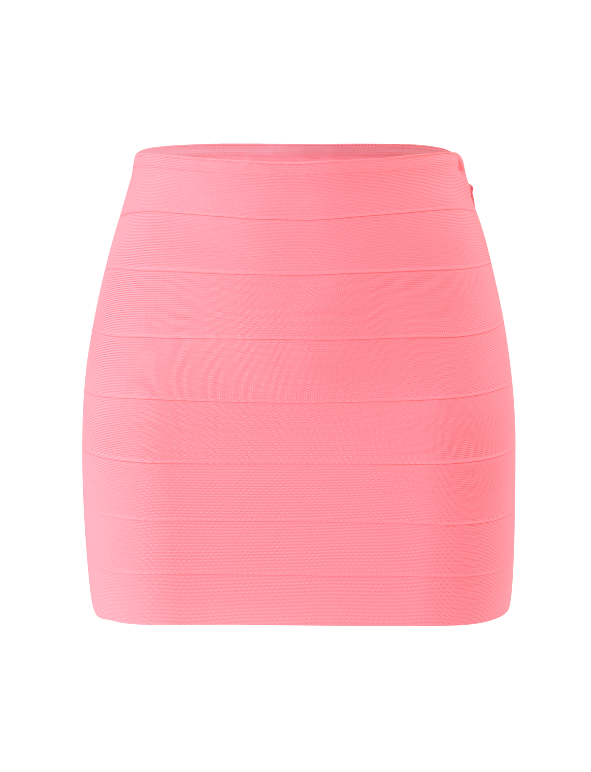 The TIGERMIST NYX BANDAGE MINI SKIRT in Neon Guava is a vibrant, body-hugging mini skirt featuring horizontal seam detailing, shown against a plain white background.