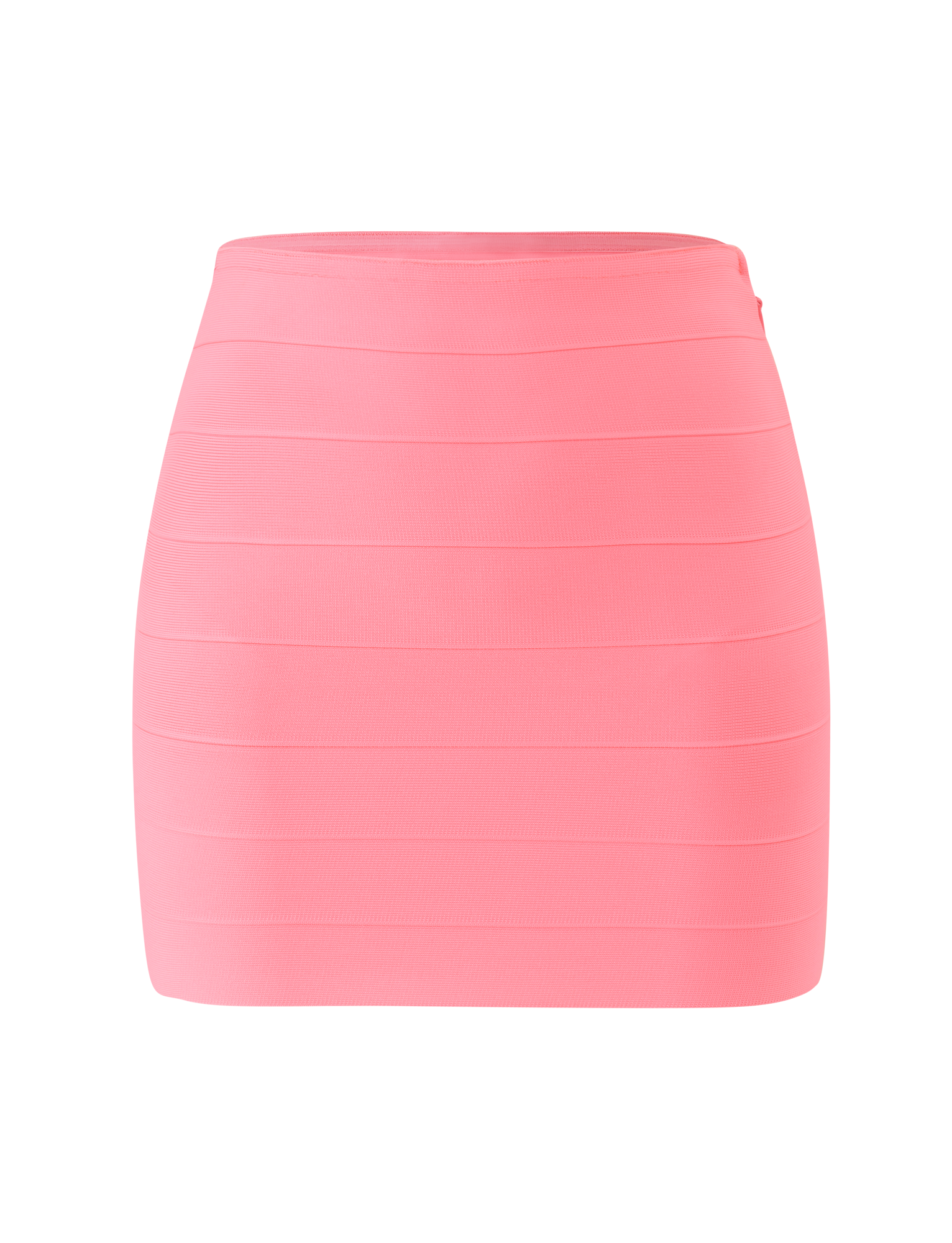 The TIGERMIST NYX BANDAGE MINI SKIRT in Neon Guava is a vibrant, body-hugging mini skirt featuring horizontal seam detailing, shown against a plain white background.