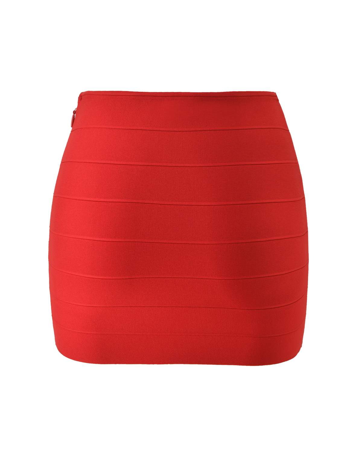 The NYX BANDAGE MINI SKIRT by TIGERMIST is a bright red, body-hugging mini skirt with horizontal seam detailing, displayed against a plain white background.