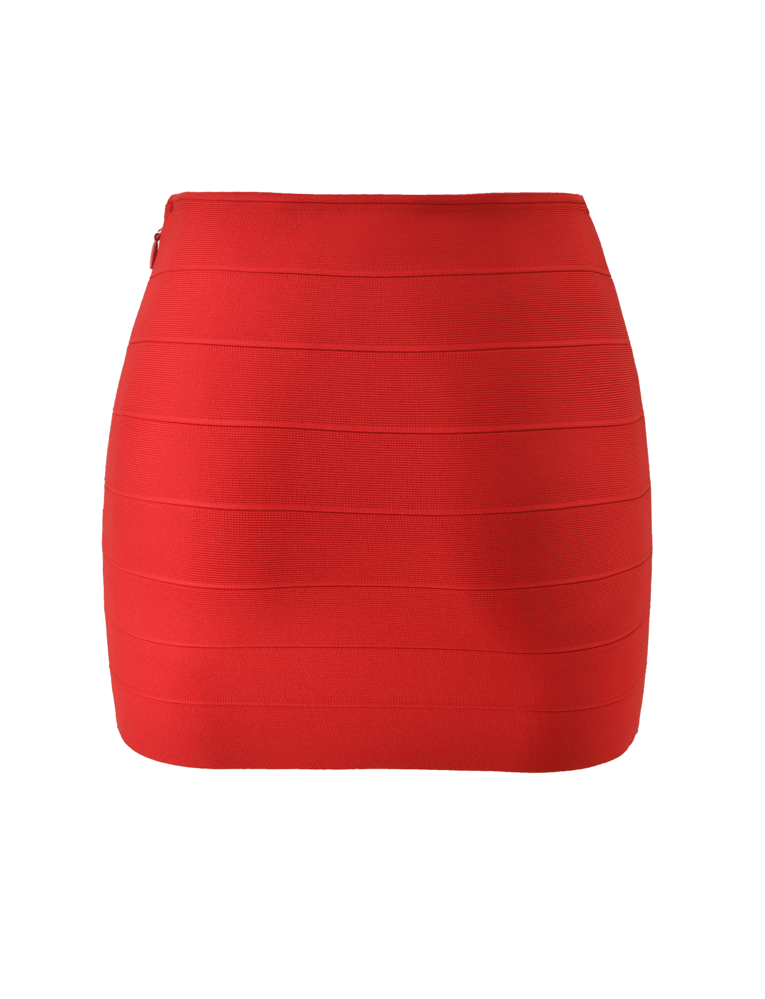 The NYX BANDAGE MINI SKIRT by TIGERMIST is a bright red, body-hugging mini skirt with horizontal seam detailing, displayed against a plain white background.