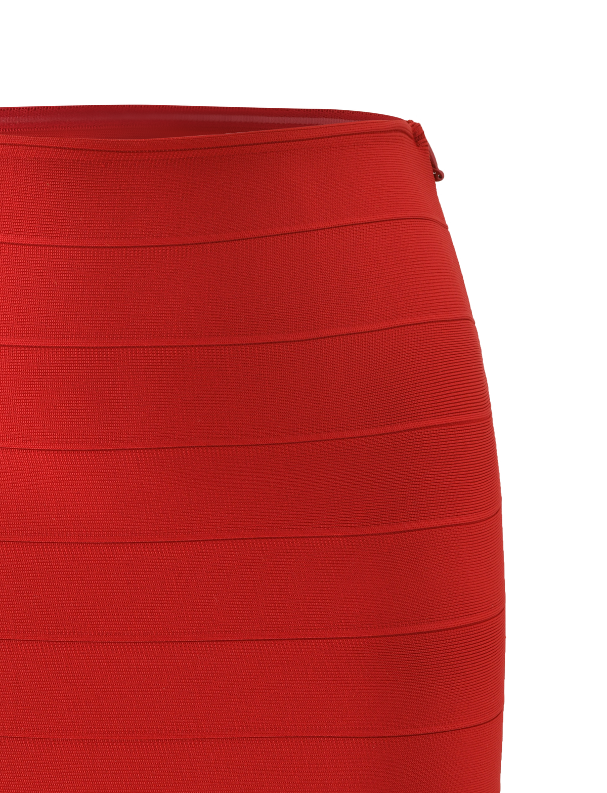 Close-up of the TIGERMIST NYX BANDAGE MINI SKIRT in red, showcasing horizontal textured panels, a figure-hugging fit, and a visible side zipper at the waistband.