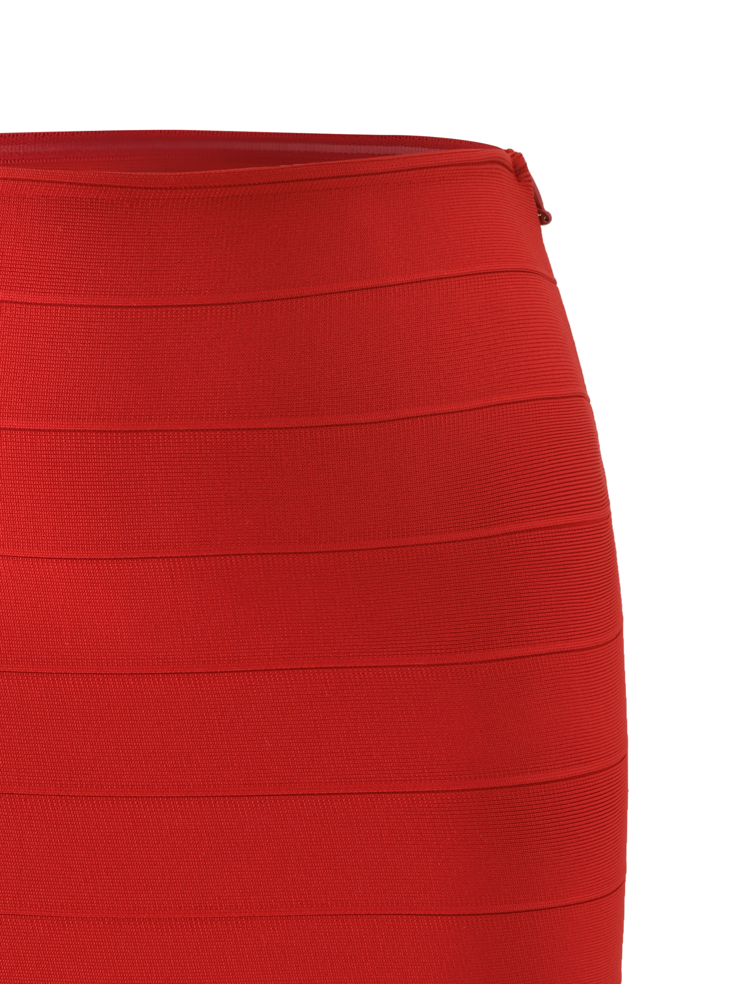 Close-up of the TIGERMIST NYX BANDAGE MINI SKIRT in red, showcasing horizontal textured panels, a figure-hugging fit, and a visible side zipper at the waistband.