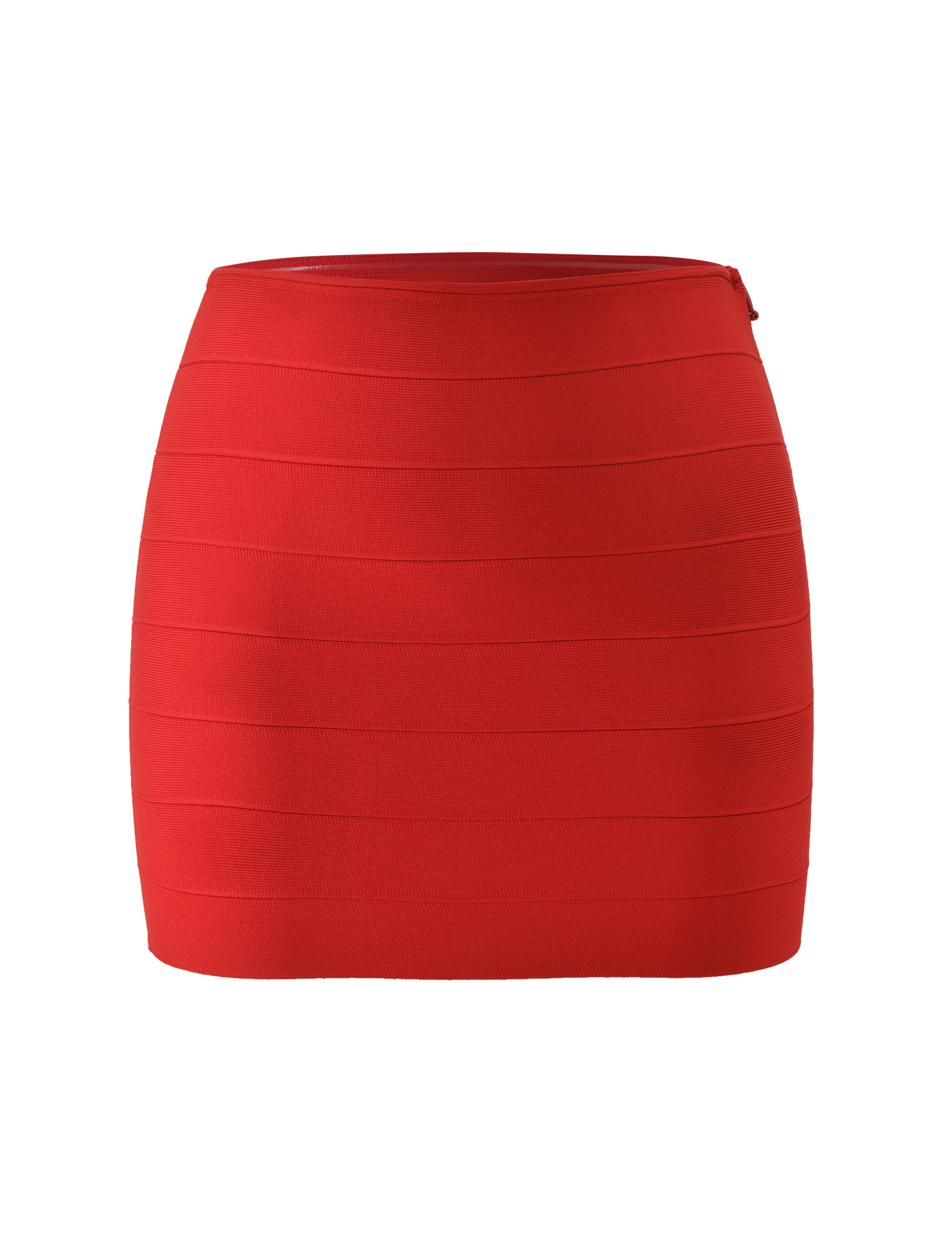 The TIGERMIST NYX BANDAGE MINI SKIRT - RED is a bright red, fitted mini skirt with horizontal panel detailing, shown against a plain white background.
