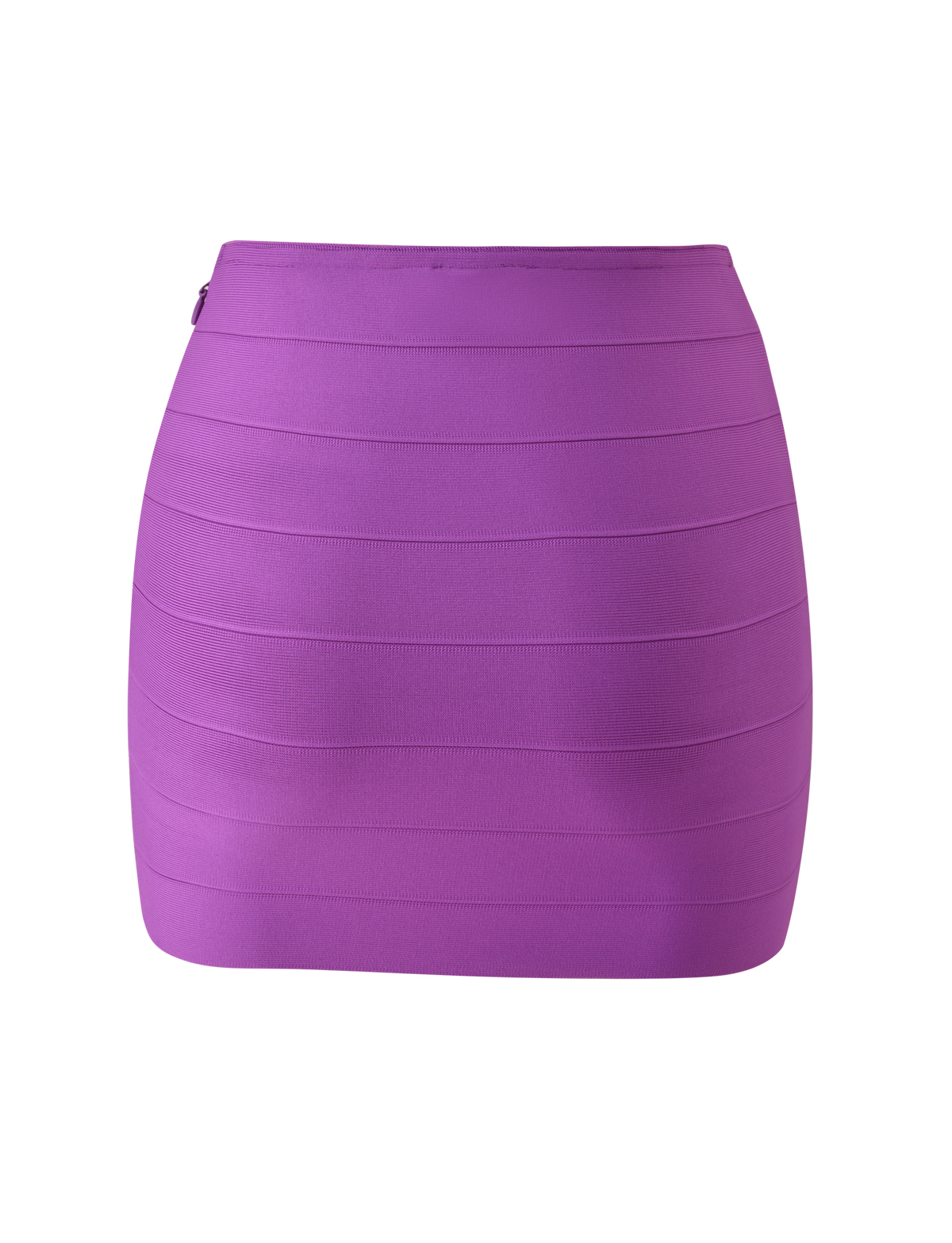 The TIGERMIST NYX BANDAGE MINI SKIRT in Ultra Violet is a high-waisted, body-hugging mini skirt featuring horizontal banded detailing, shown against a plain white background.