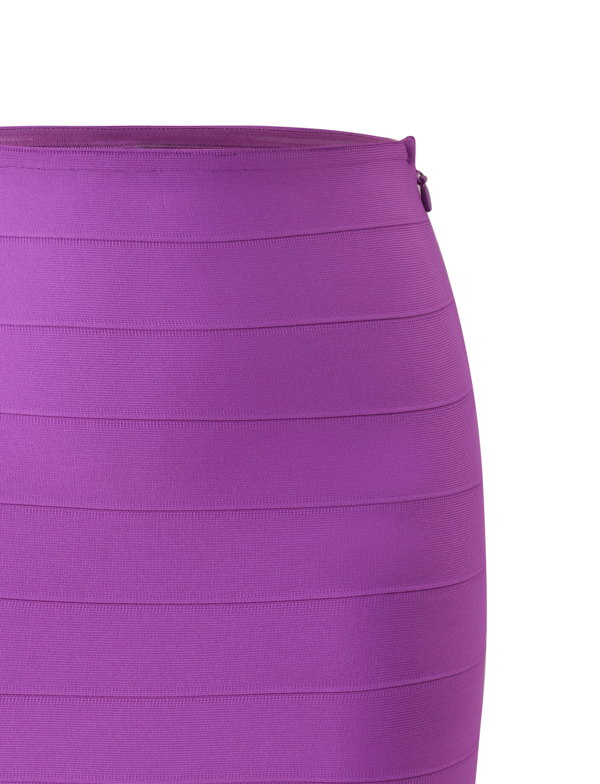 A close-up of the TIGERMIST NYX BANDAGE MINI SKIRT in Ultra Violet, featuring a high-waisted fit, horizontal ribbed lines, and a visible side zipper, set against a plain white background.