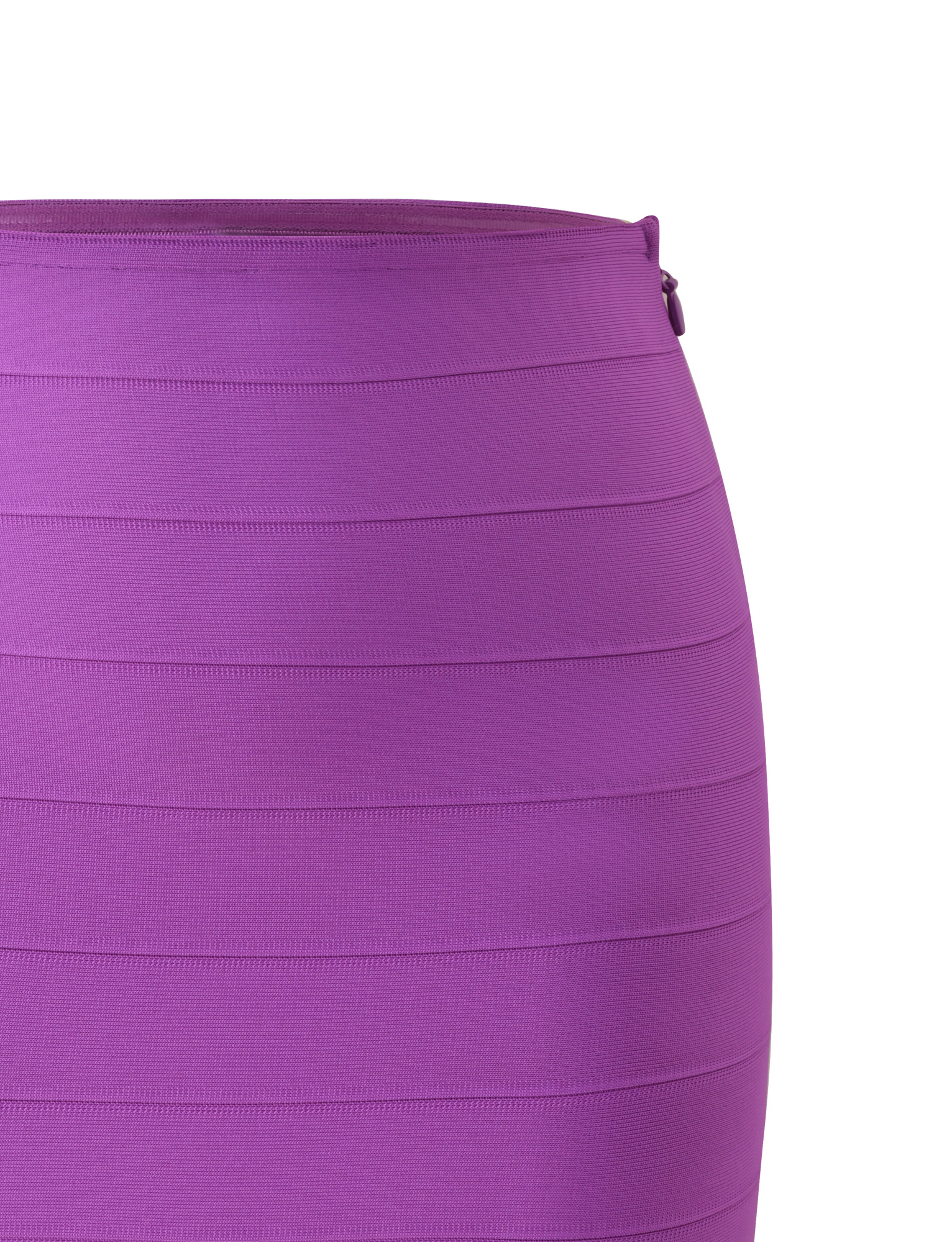A close-up of the TIGERMIST NYX BANDAGE MINI SKIRT in Ultra Violet, featuring a high-waisted fit, horizontal ribbed lines, and a visible side zipper, set against a plain white background.