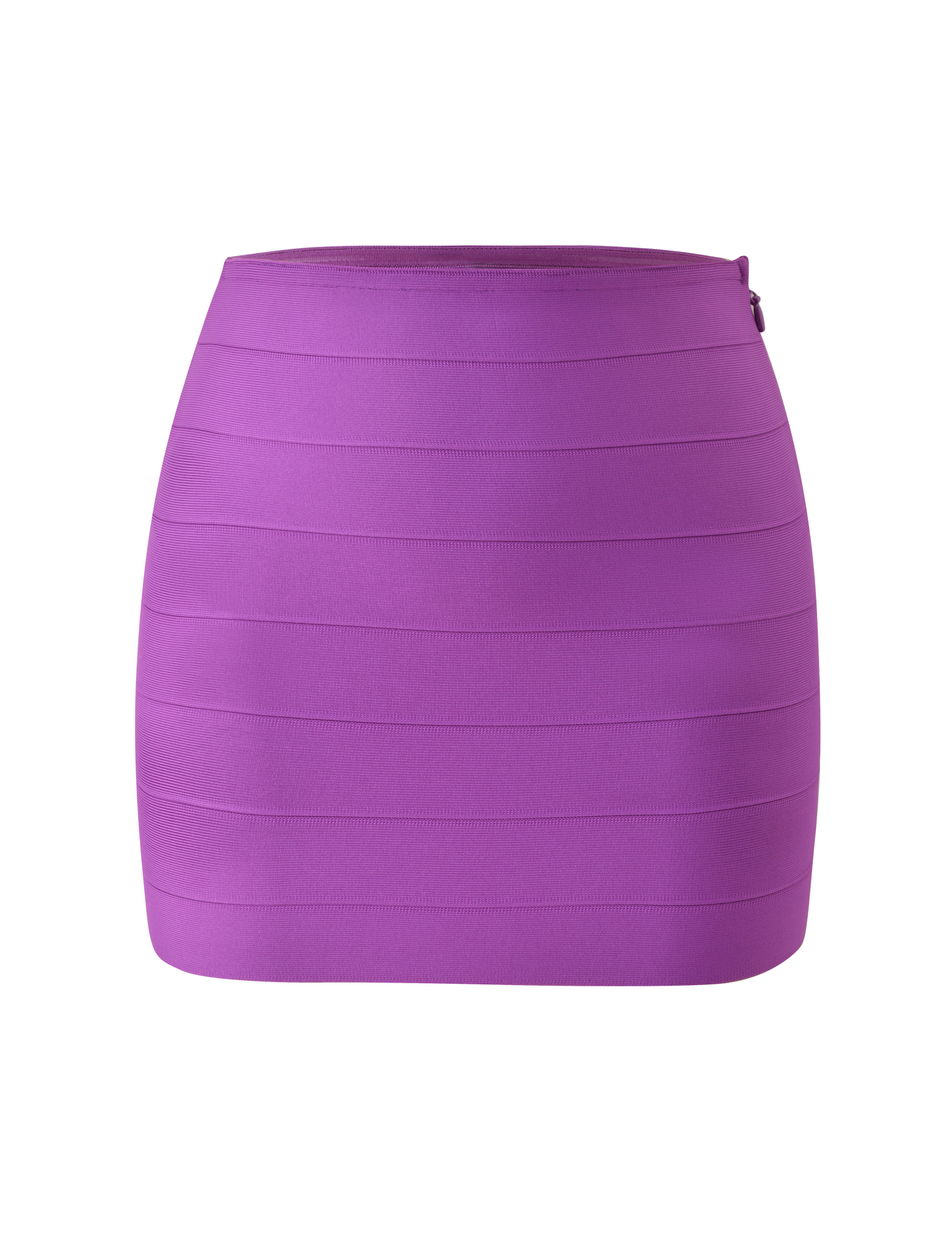 The TIGERMIST NYX BANDAGE MINI SKIRT in Ultra Violet features horizontal panel detailing and a body-hugging fit, shown here against a plain white background.