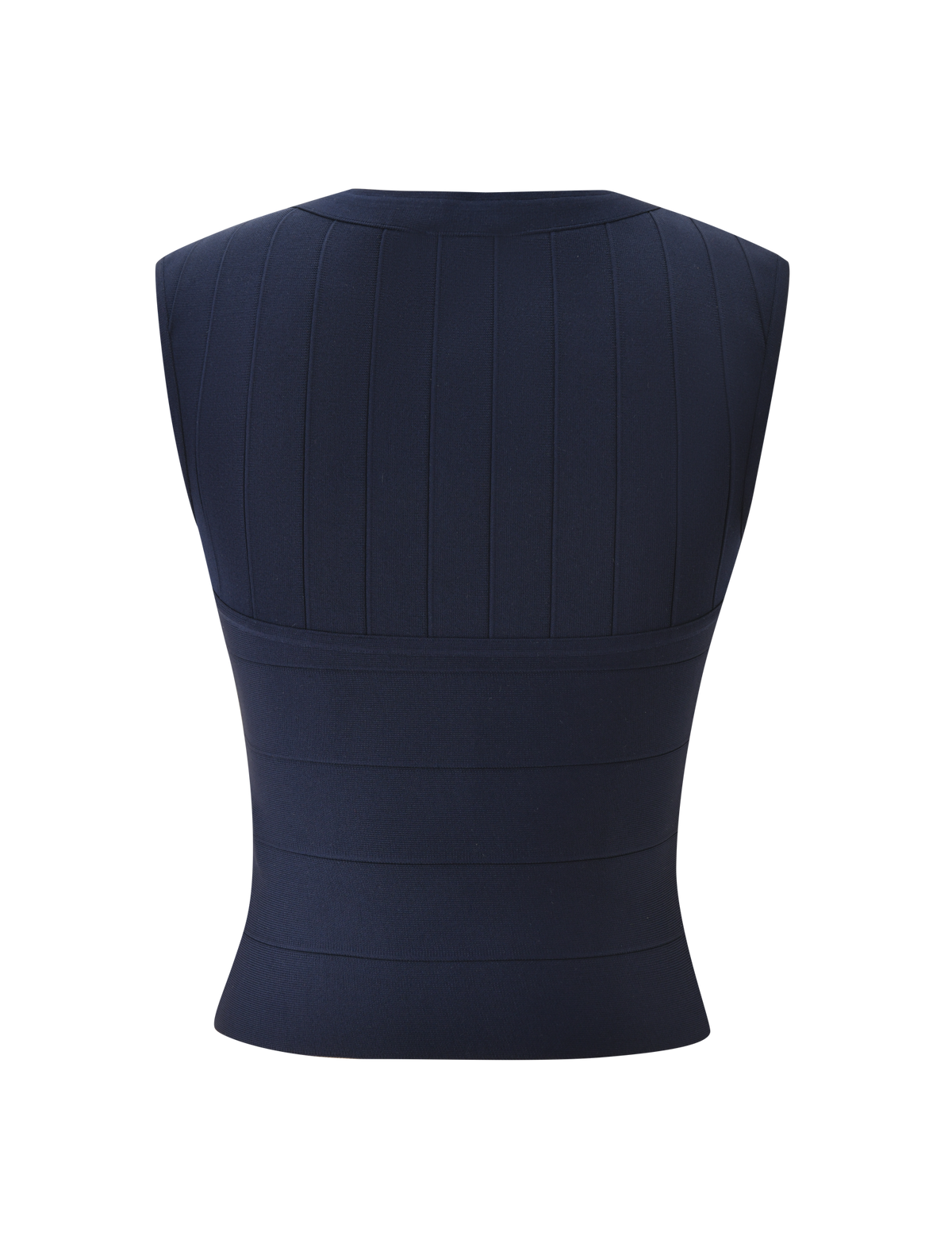 The TIGERMIST EMBER BANDAGE TOP in navy blue features a sleeveless, sculpted fit with seam lines for a structured, modern look. The smooth, slightly stretchy fabric ensures comfort, shown from the back.