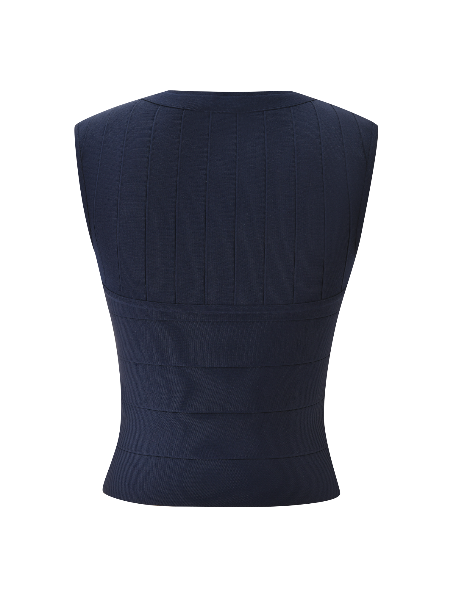 The TIGERMIST EMBER BANDAGE TOP in navy blue features a sleeveless, sculpted fit with seam lines for a structured, modern look. The smooth, slightly stretchy fabric ensures comfort, shown from the back.