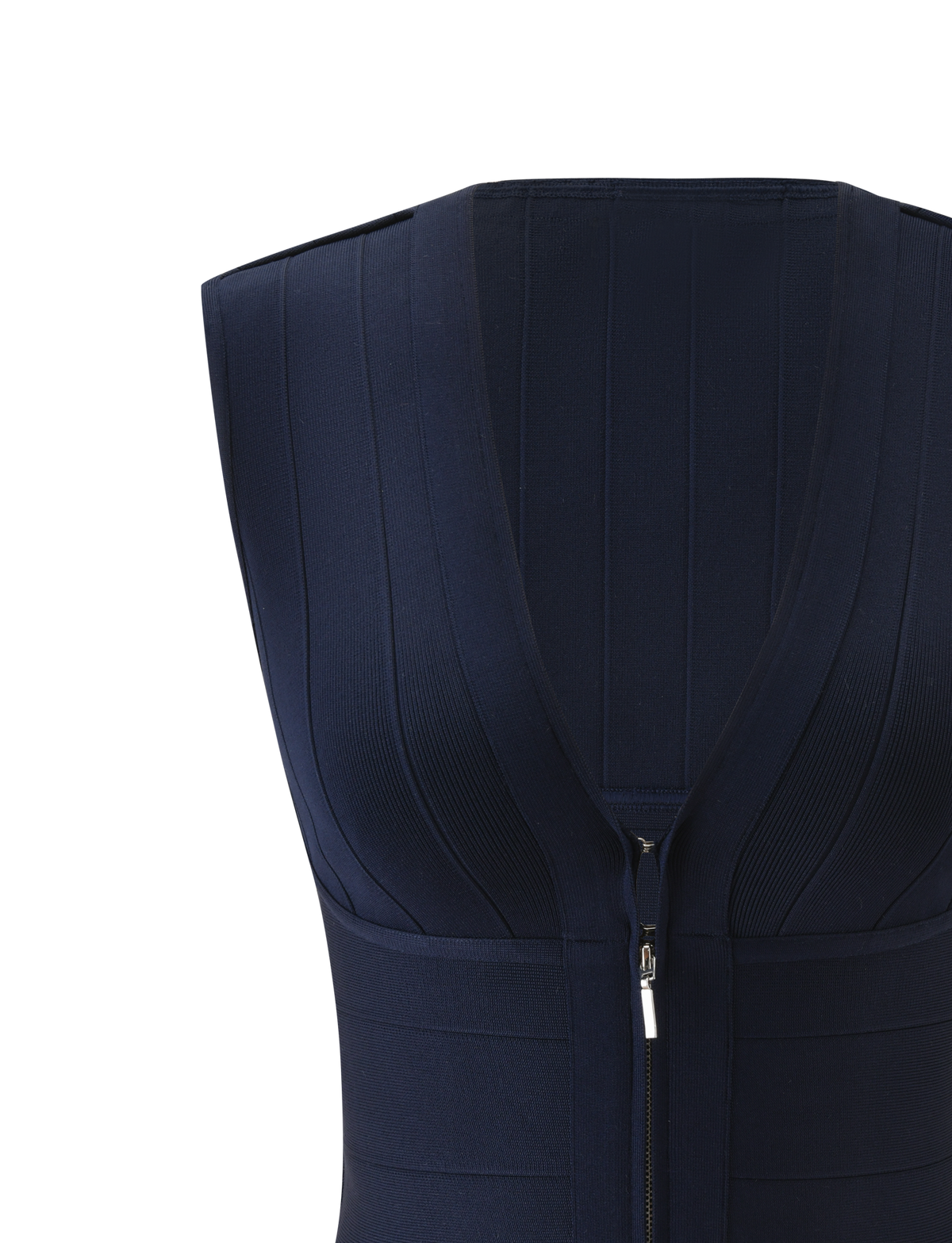 A close-up of the TIGERMIST EMBER BANDAGE TOP in navy blue, featuring a sleeveless design, deep V-neckline, visible vertical seam lines, sculpted fit for a flattering silhouette, and a modern front zipper closure.