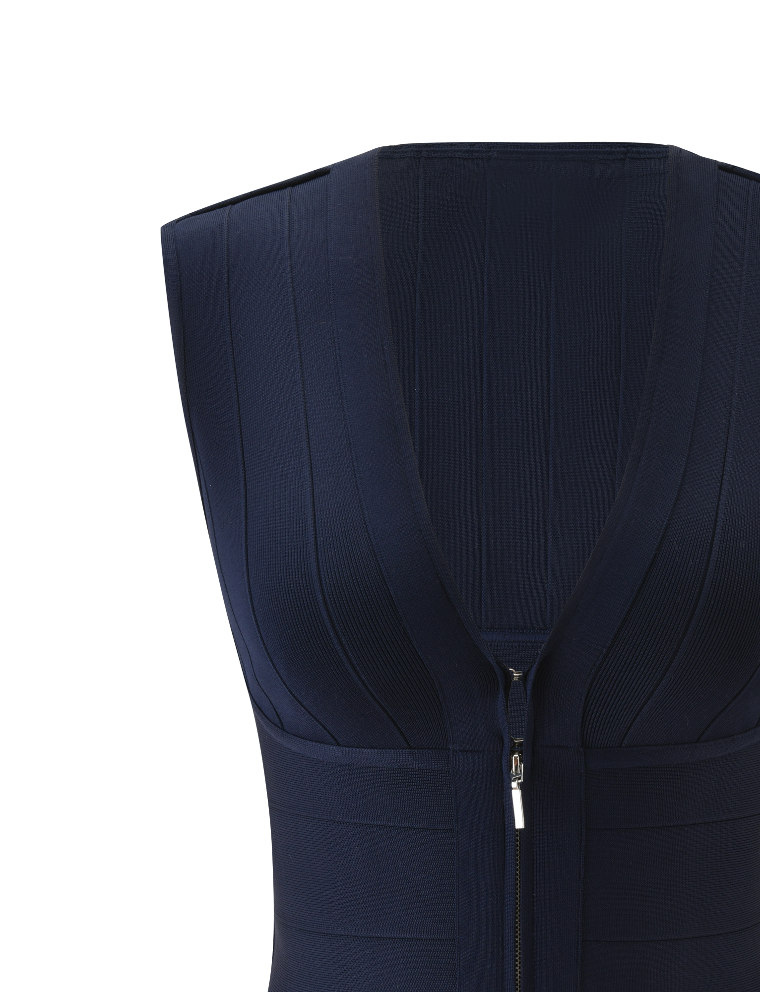 A close-up of the TIGERMIST EMBER BANDAGE TOP in navy blue, featuring a sleeveless design, deep V-neckline, visible vertical seam lines, sculpted fit for a flattering silhouette, and a modern front zipper closure.