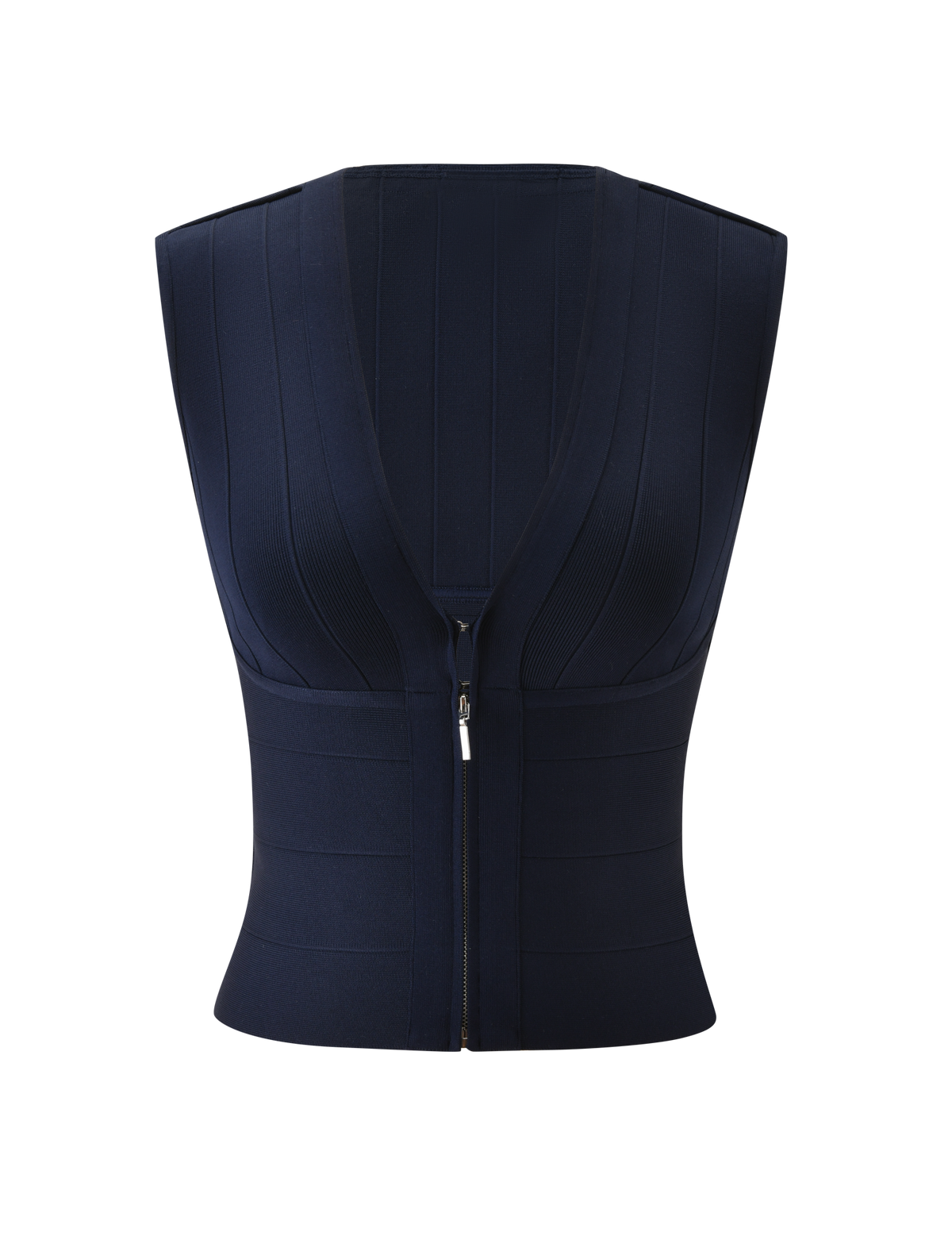 The TIGERMIST EMBER BANDAGE TOP in navy blue is a sleeveless, sculpted-fit tank with a V-neck, front zipper closure, fitted waist, and vertical seam details, shown on a plain white background.