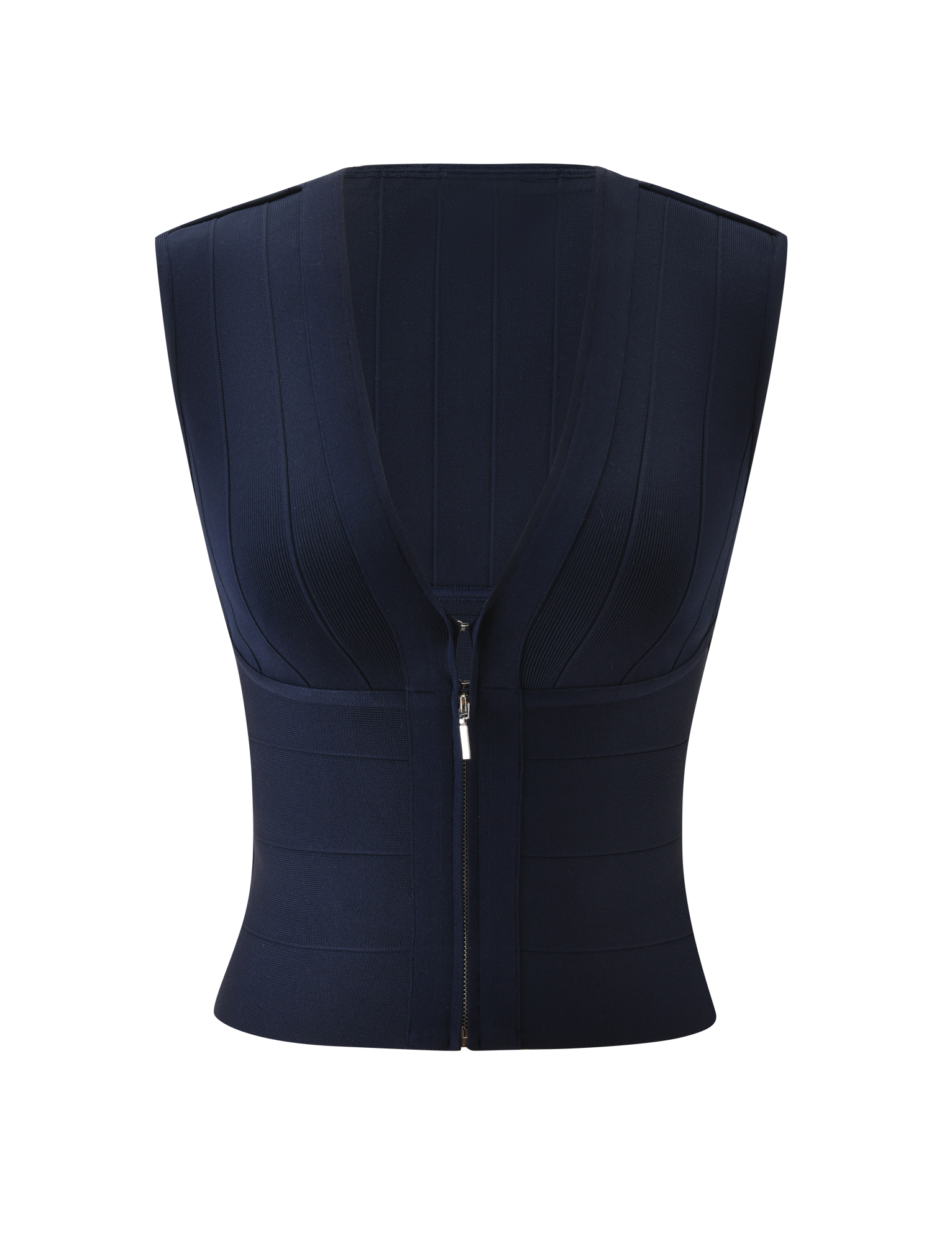 The TIGERMIST EMBER BANDAGE TOP in navy blue is a sleeveless, sculpted-fit tank with a V-neck, front zipper closure, fitted waist, and vertical seam details, shown on a plain white background.