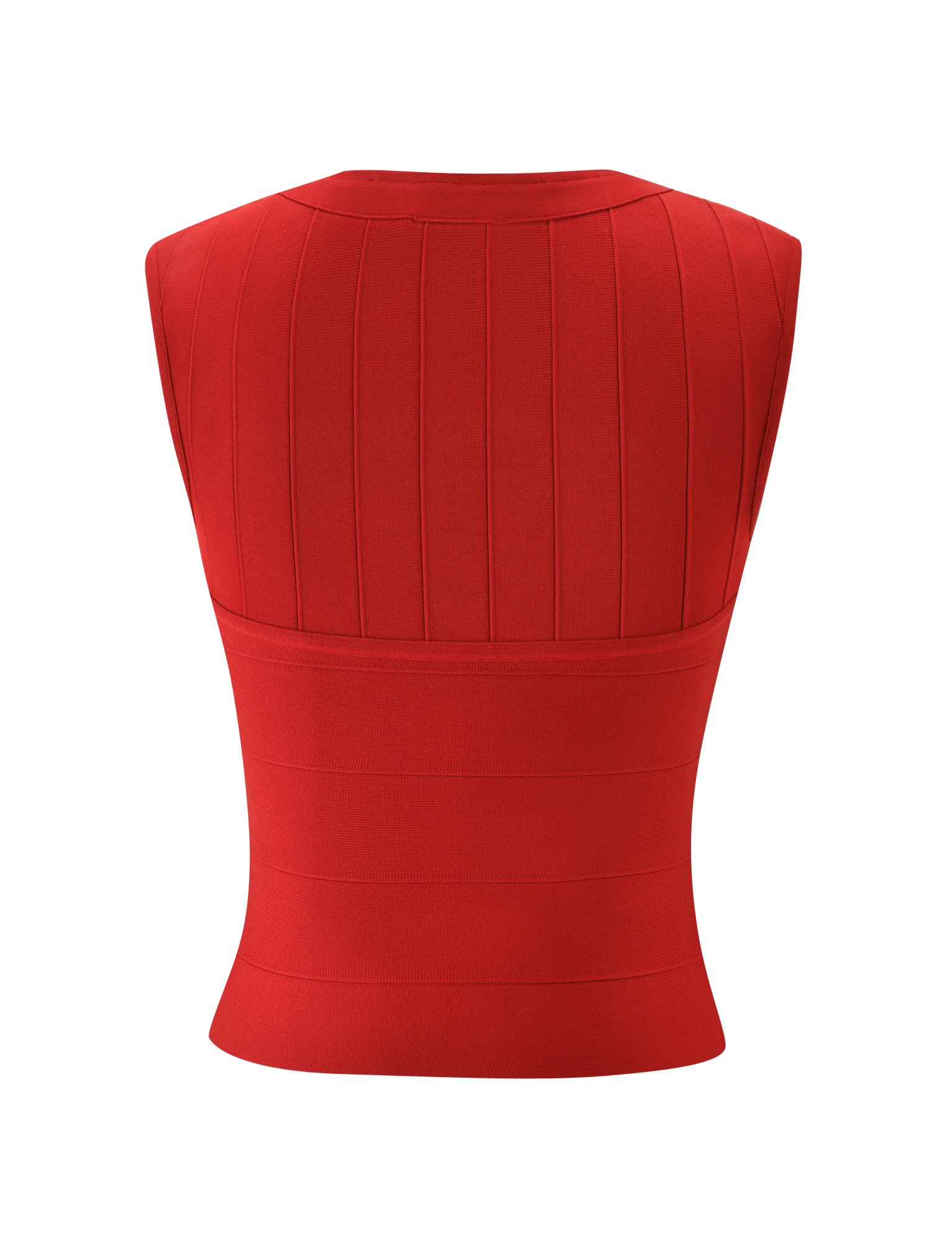 The TIGERMIST EMBER BANDAGE TOP in red is a sleeveless, form-fitting tank with vertical seam details, a fitted waistband accent, and sculpted back view.