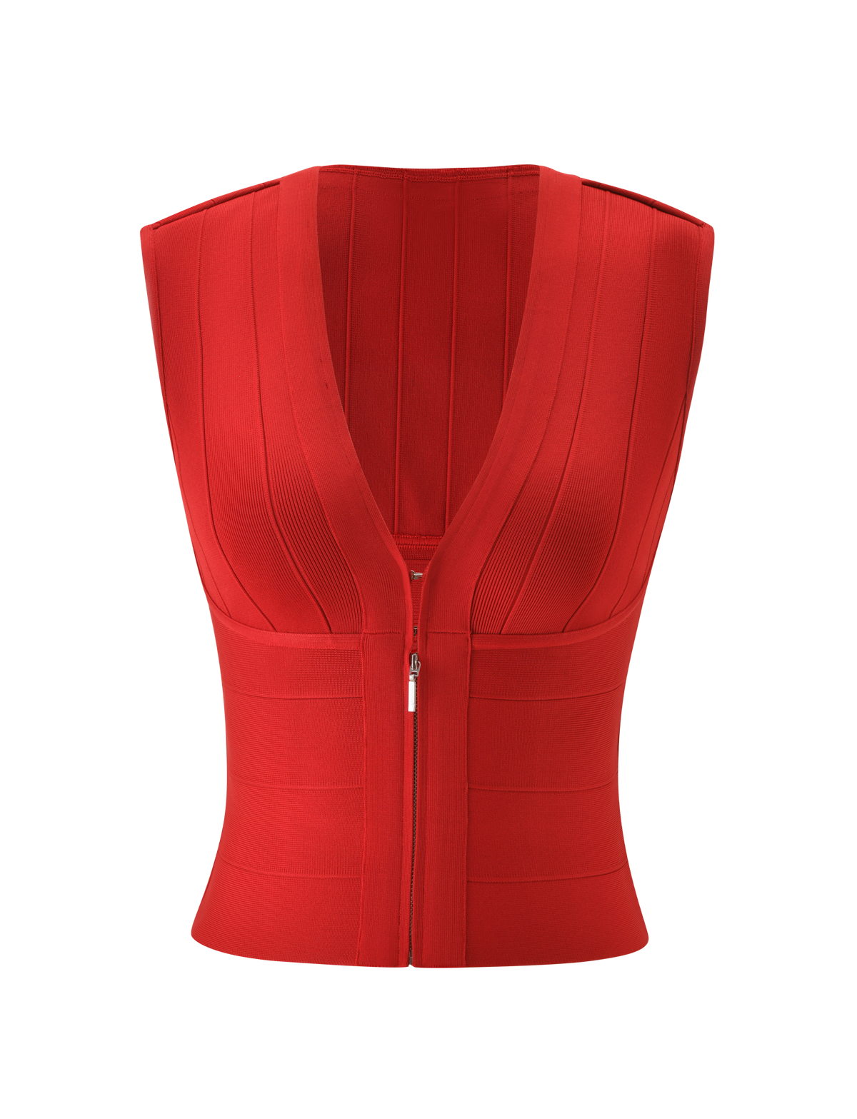 The TIGERMIST EMBER BANDAGE TOP in red is a sleeveless, sculpted-fit tank with a deep V-neckline, ribbed detailing, and front zipper closure, shown on a plain white background.