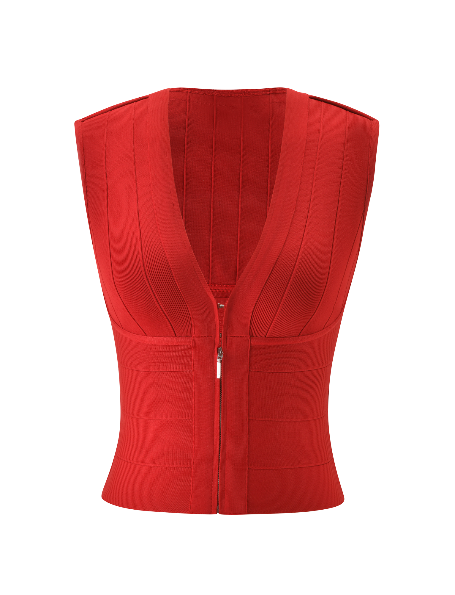 The TIGERMIST EMBER BANDAGE TOP in red is a sleeveless, sculpted-fit tank with a deep V-neckline, ribbed detailing, and front zipper closure, shown on a plain white background.