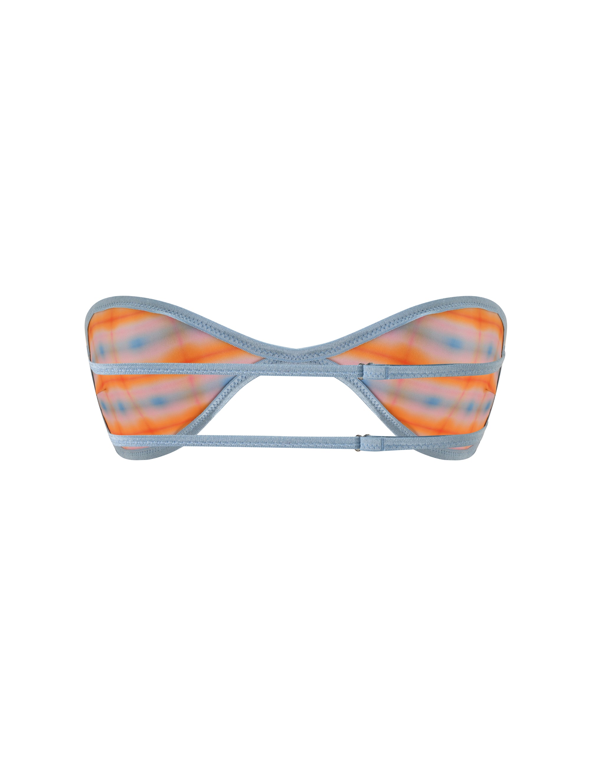 The TIGERMIST EMERSON REVERSIBLE BIKINI TOP features an orange and blue plaid ombre print with blue straps and trim. This bandeau-style bikini top showcases a cut-out center design secured by horizontal straps and adjustable back straps for a customizable fit, shown isolated on a white background.