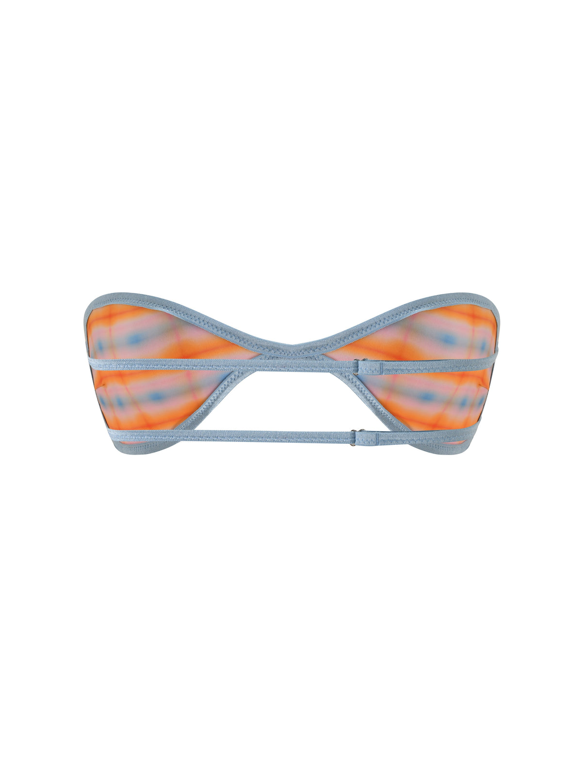 The TIGERMIST EMERSON REVERSIBLE BIKINI TOP features an orange and blue plaid ombre print with blue straps and trim. This bandeau-style bikini top showcases a cut-out center design secured by horizontal straps and adjustable back straps for a customizable fit, shown isolated on a white background.