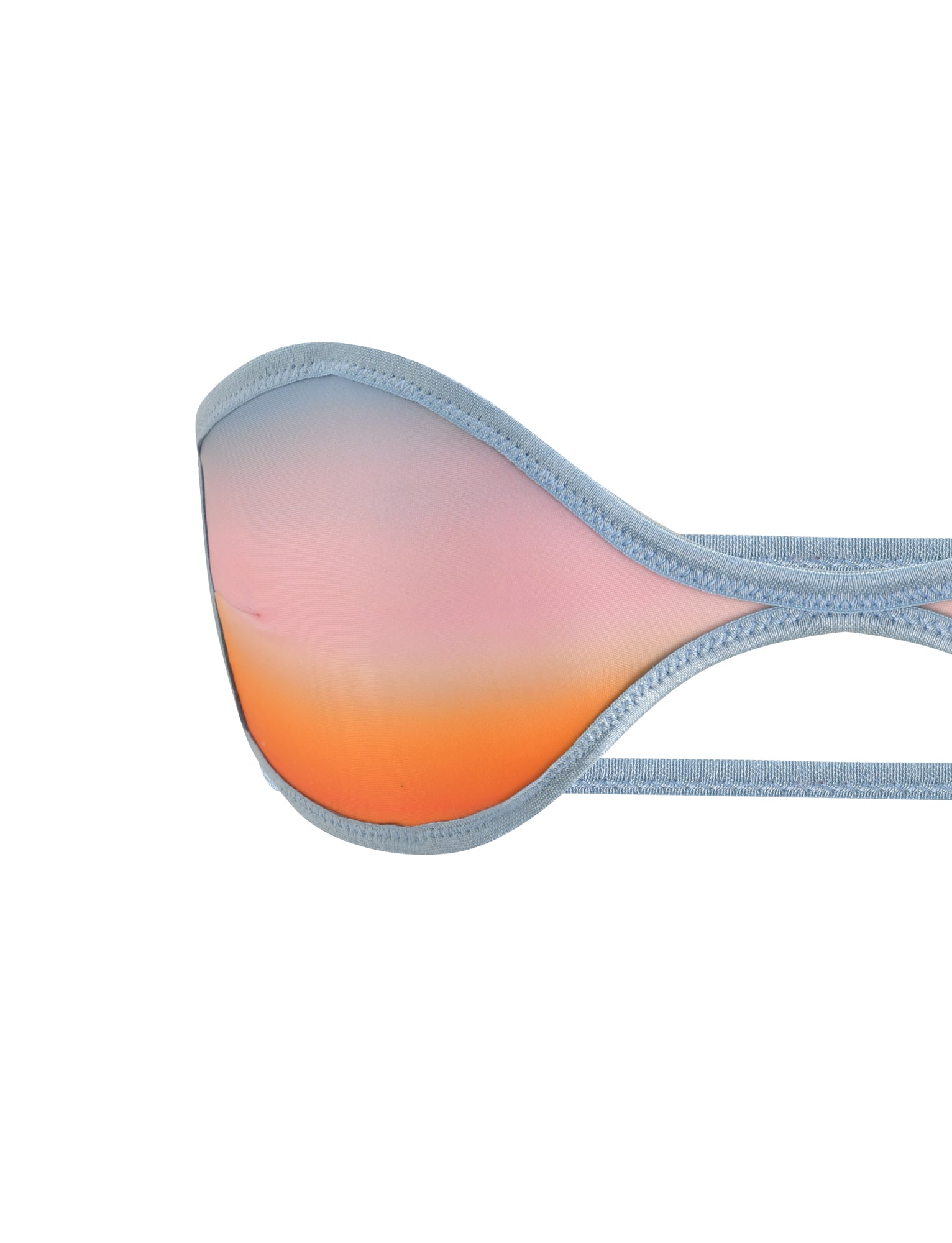 A close-up of the TIGERMIST EMERSON REVERSIBLE BIKINI TOP in an orange and blue plaid ombre print, featuring blue trim, adjustable back straps, and a gradient pattern that fades from blue at the top to orange at the bottom, isolated on a white background.