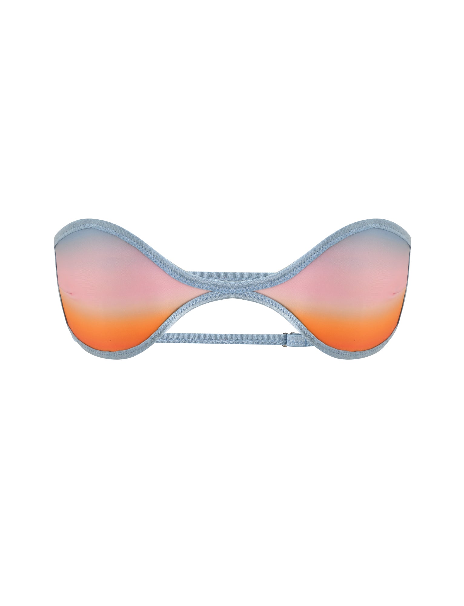 The EMERSON REVERSIBLE BIKINI TOP by TIGERMIST features a strapless bandeau design with an orange and blue plaid ombre print that creates a gradient effect, blending colors from orange at the bottom through pink into blue at the top, all set against a white backdrop.