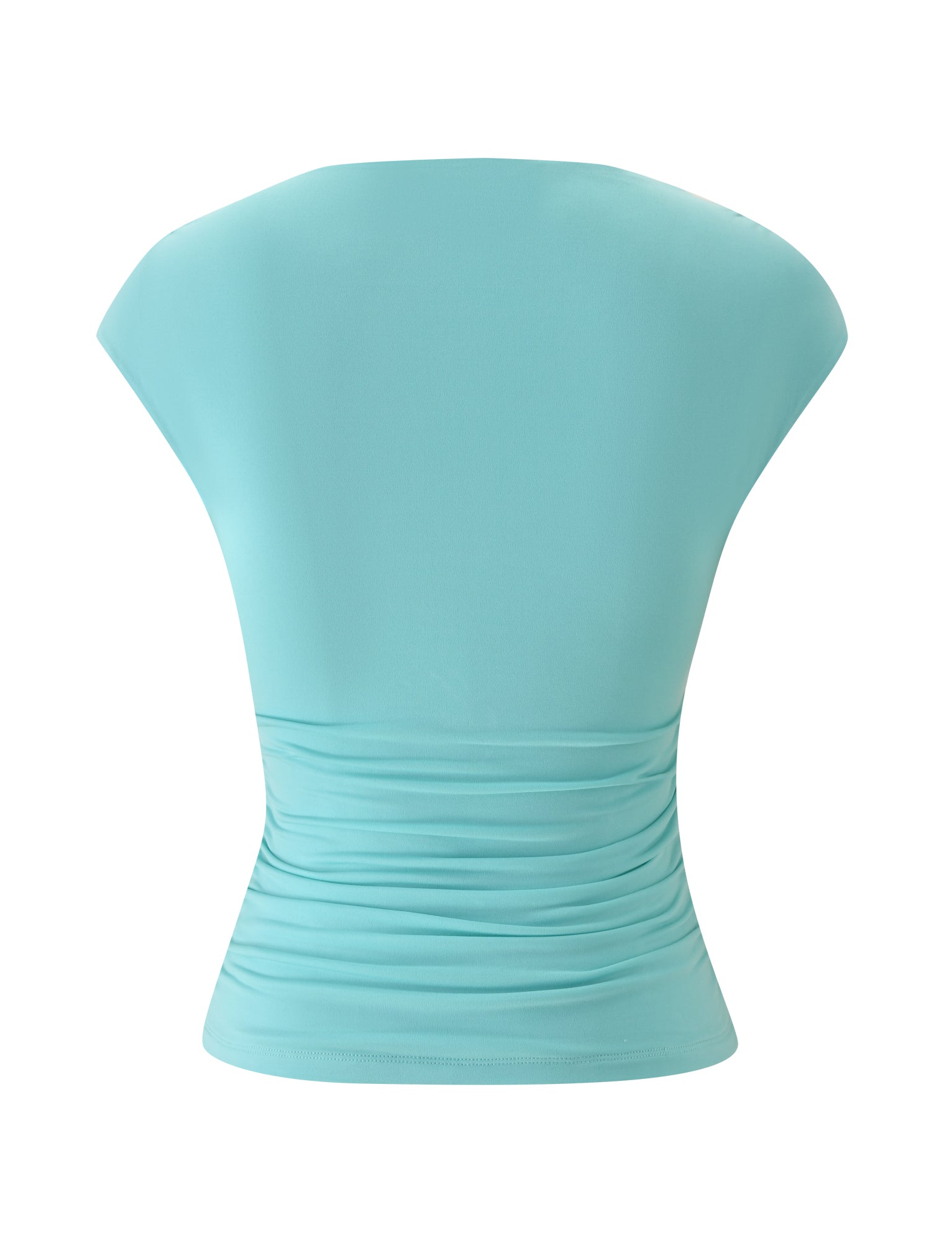 The TIGERMIST ROMI TOP in aqua is a light blue, short-sleeved fitted women’s top, displayed from the back against a plain white background. The fabric is gently ruched at the waist for an elegant, gathered effect.