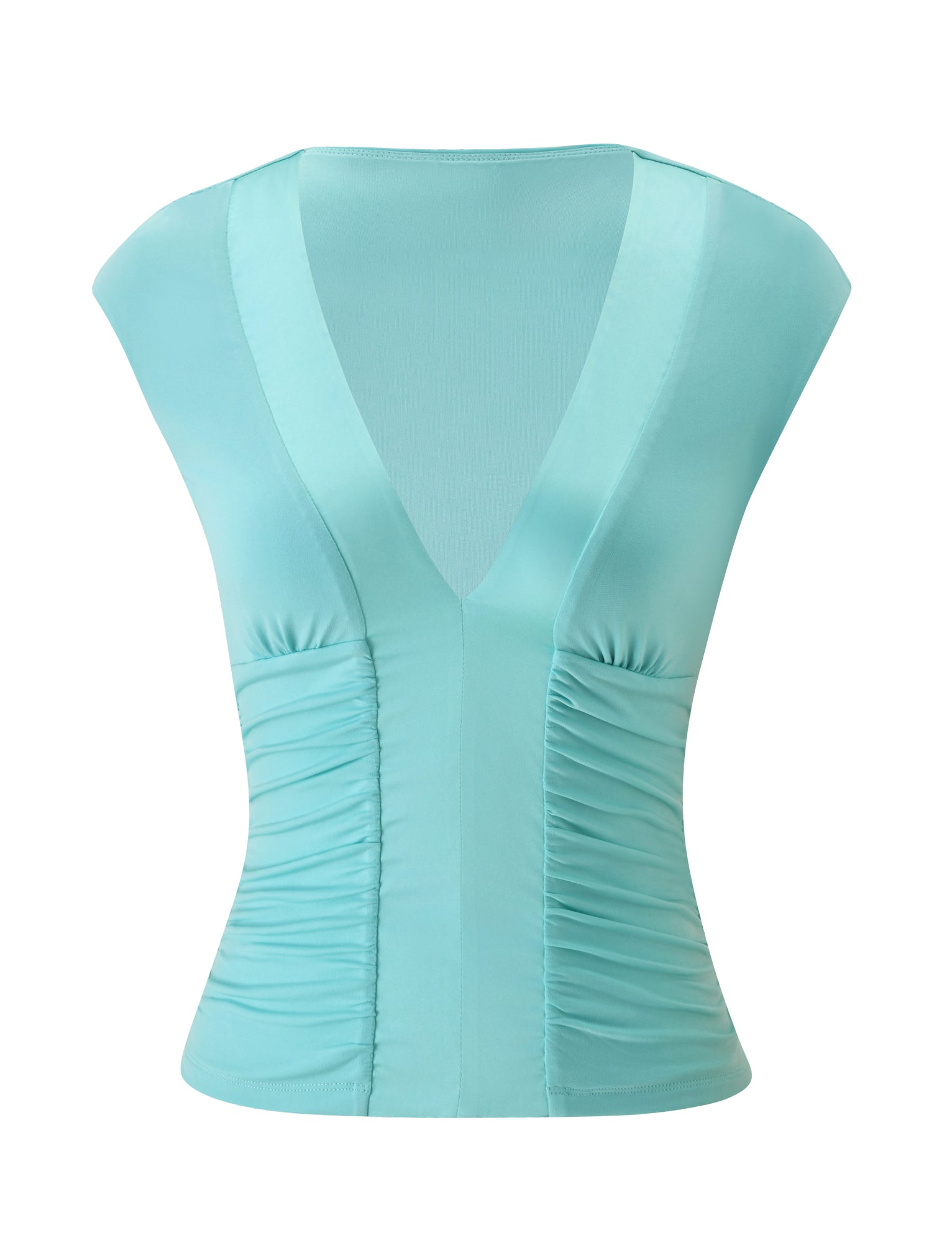 The ROMI TOP - AQUA by TIGERMIST is a sleeveless, V-neck blouse crafted from smooth, slightly shiny aqua satin, featuring ruched detailing on both sides of the front for an elegant finish—an essential piece to elevate your wardrobe.