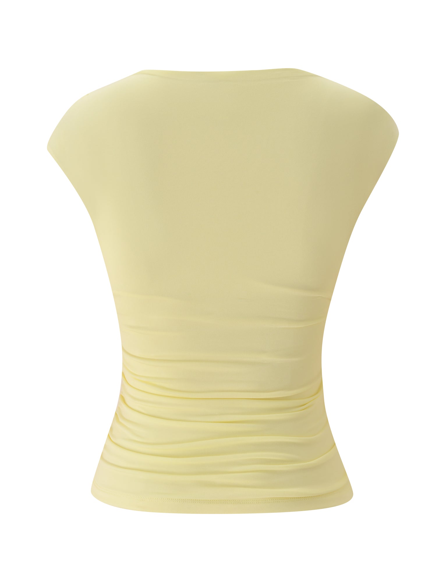 Back view of the ROMI TOP in butter yellow by TIGERMIST—a sleeveless satin top featuring a wide neckline and subtle side ruching, making it an effortlessly chic choice for warm summer days.