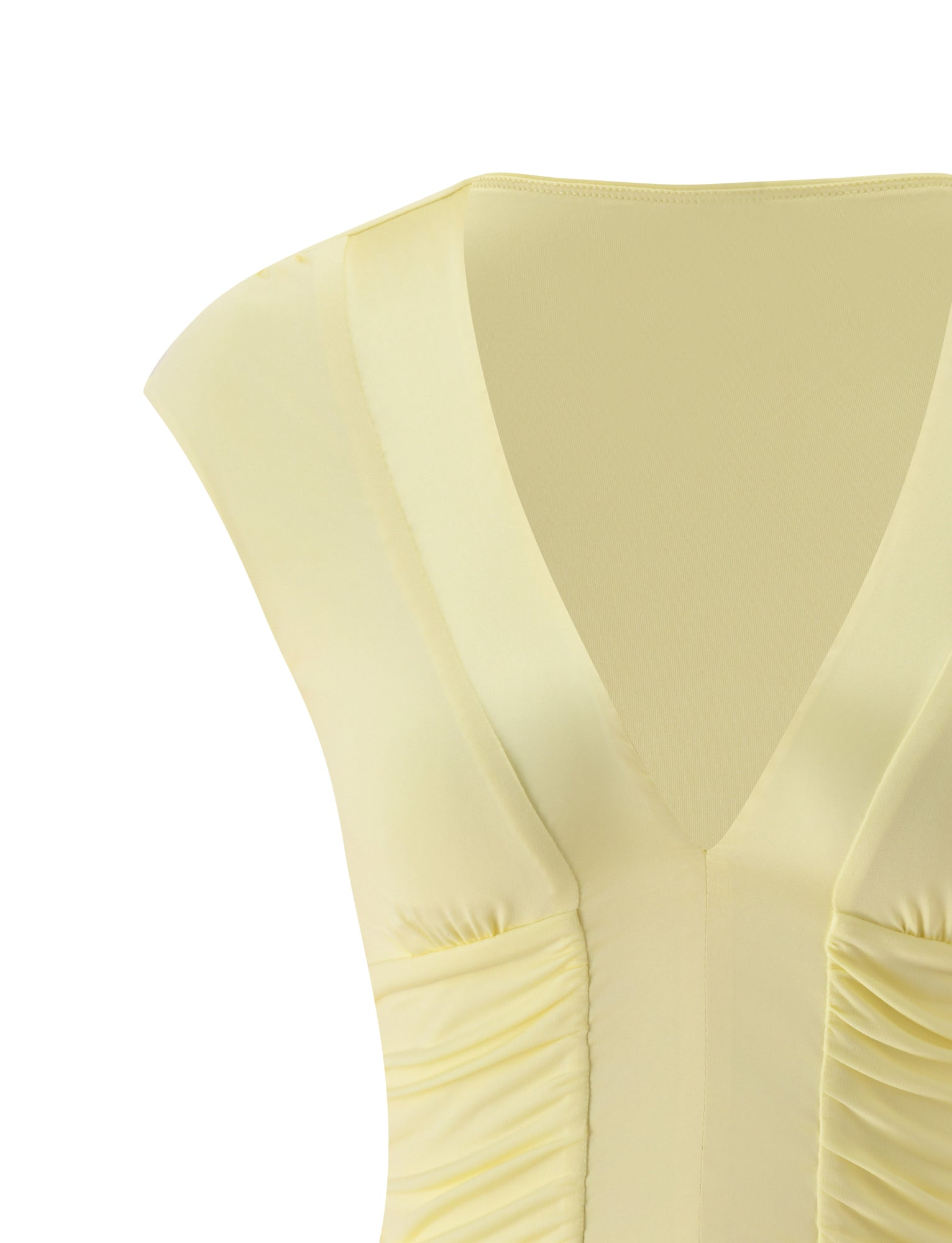 Close-up of the TIGERMIST ROMI TOP in butter yellow, featuring a deep V-neckline, gathered fabric detail at the sides, and soft satin material—perfect as a stylish summer top.