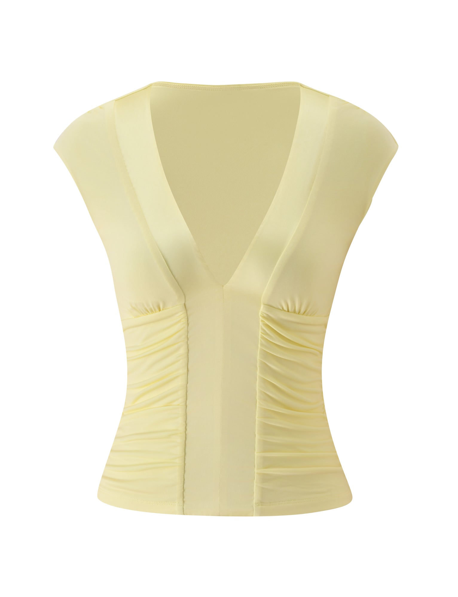 Introducing the ROMI TOP - BUTTER YELLOW by TIGERMIST: A light yellow, sleeveless V-neck top featuring ruched detailing along both sides of the bodice and a fitted, stretchy silhouette—an ideal summer top that effortlessly blends style with comfort.