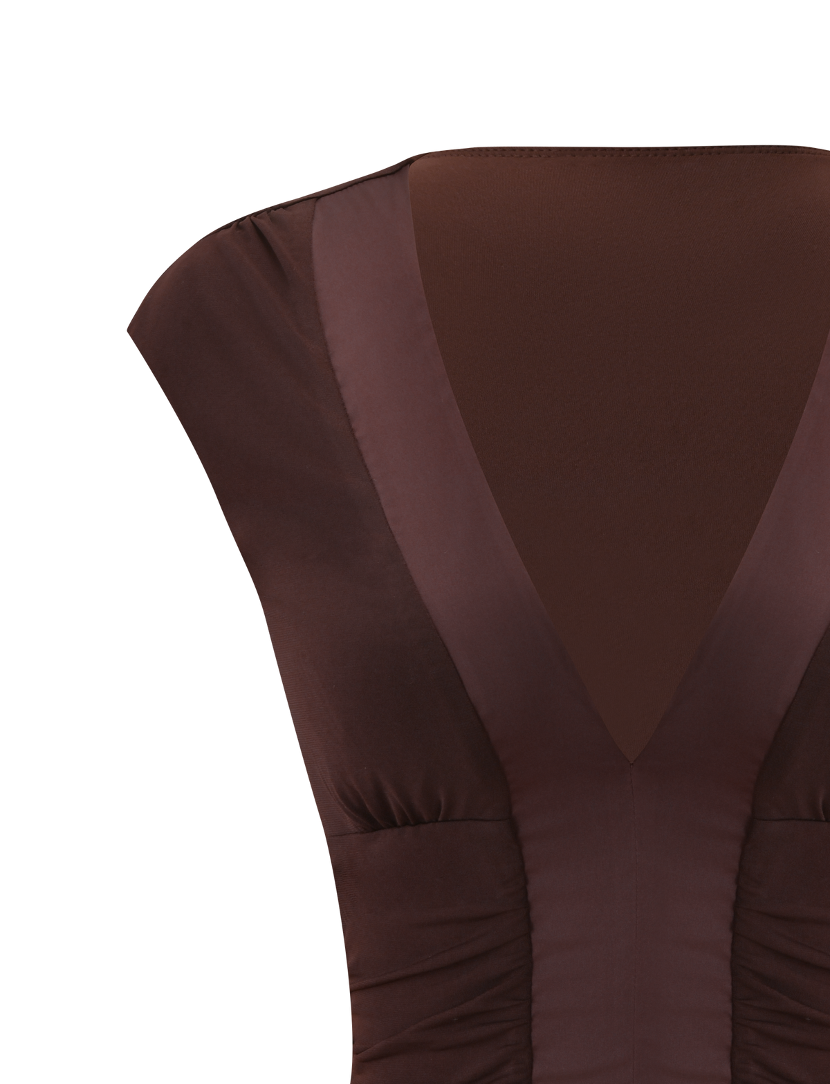 Chocolate brown ROMI TOP - CHOCOLATE with a deep V-neckline, sleeveless cut, and gathered side detailing.