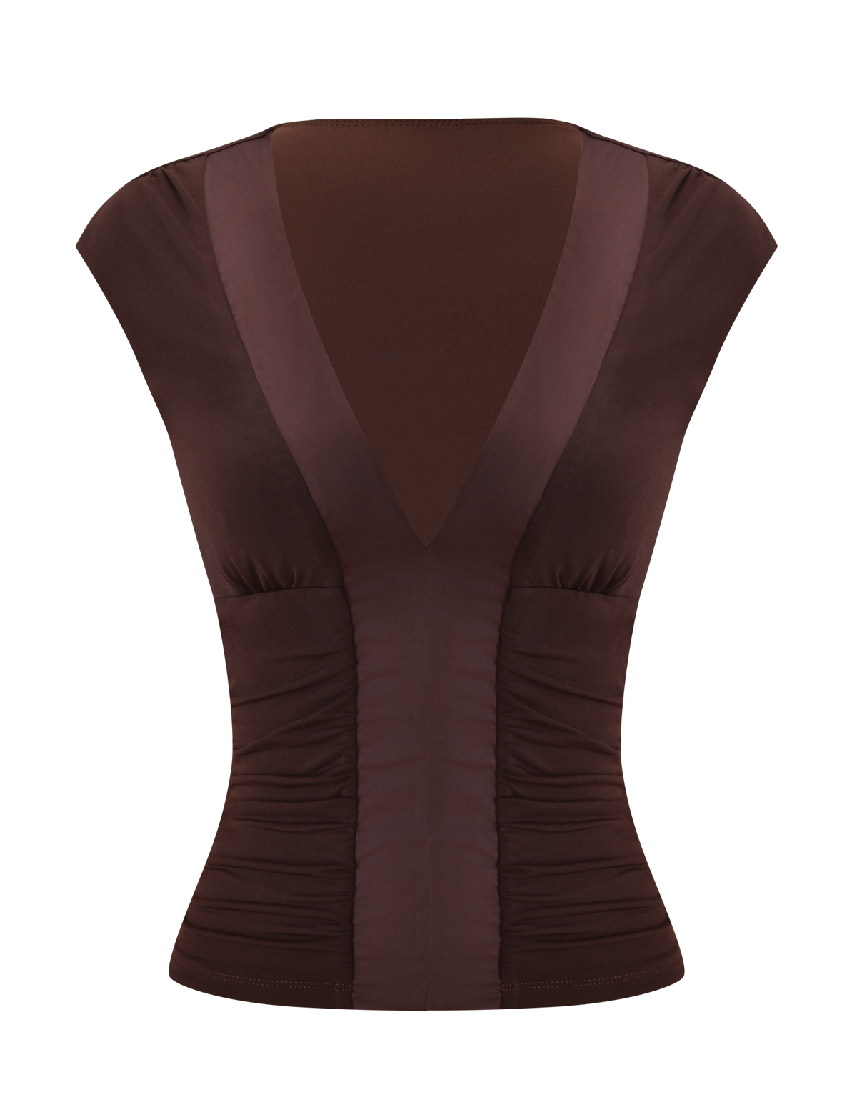 Chocolate brown ROMI TOP - CHOCOLATE with cap sleeves, a deep V-neck, and ruched side panels finished with a satin placket.