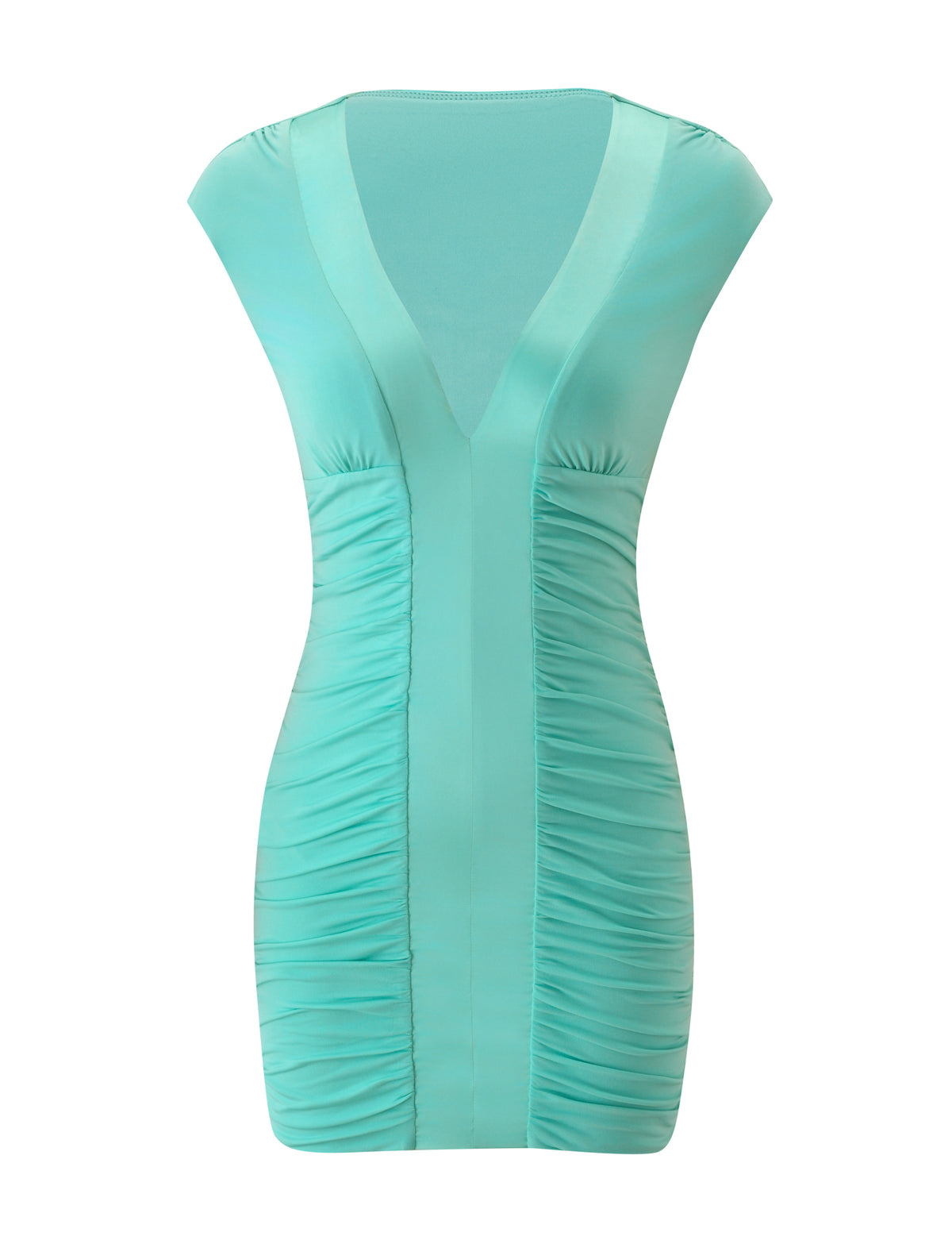 The ROMI MINI DRESS - AQUAMARINE by TIGERMIST is a sleeveless, aqua bodycon mini dress with a deep V-neckline and ruched sides—perfect for date night. Displayed on a white background.