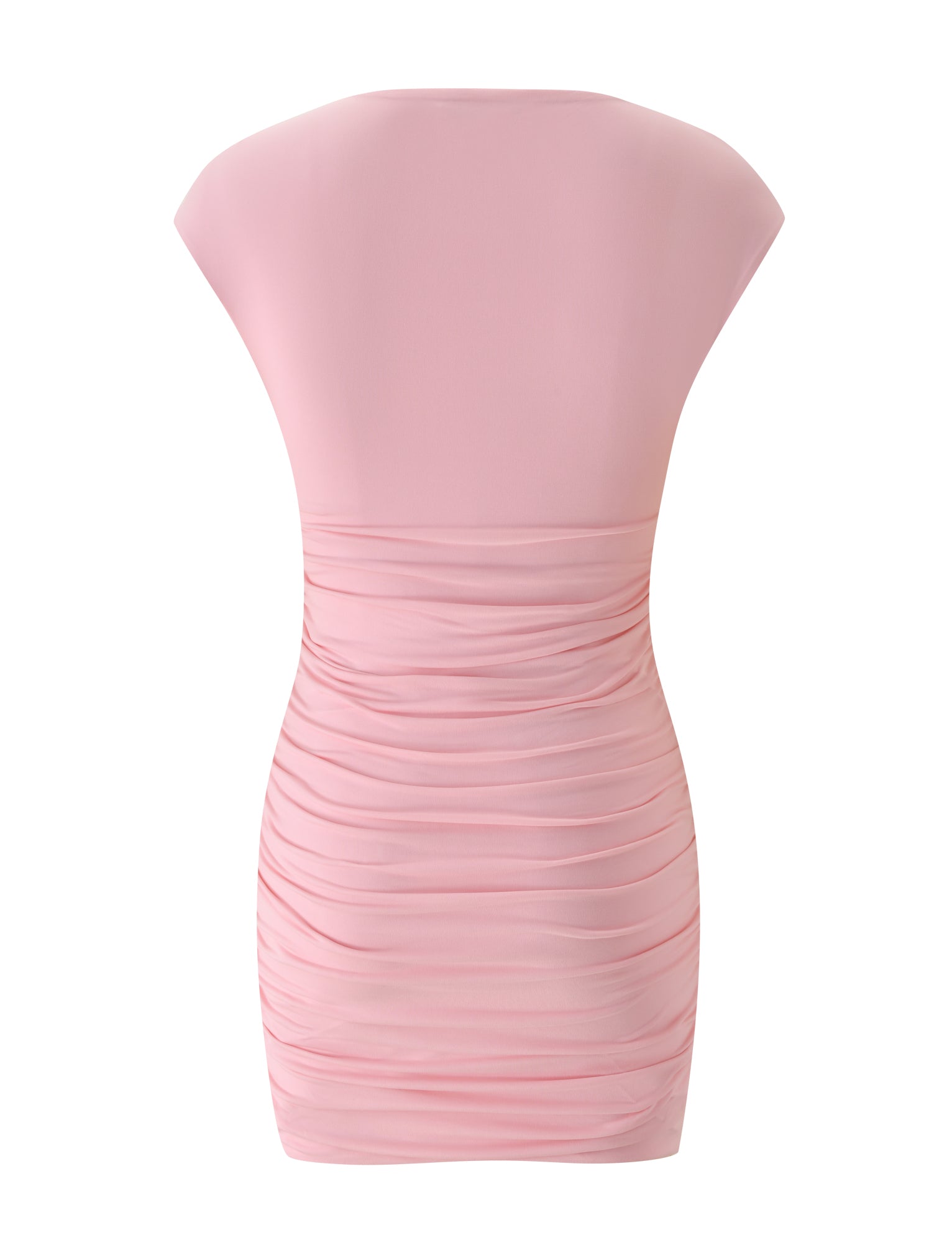 Back view of the TIGERMIST ROMI MINI DRESS in pink, featuring cap sleeves and ruched detailing at the waist and lower half. This mini dress showcases a fitted silhouette with a smooth, minimalist upper section—making it the perfect chic choice for date night.