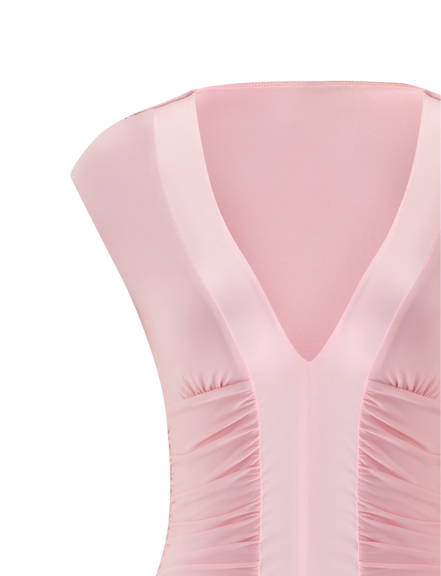 Introducing the ROMI MINI DRESS - PINK by TIGERMIST: a close-up of this pink satin mini dress showcases its deep V-neckline, cap sleeves, and ruched bodice detailing—making it the perfect romantic date night dress.