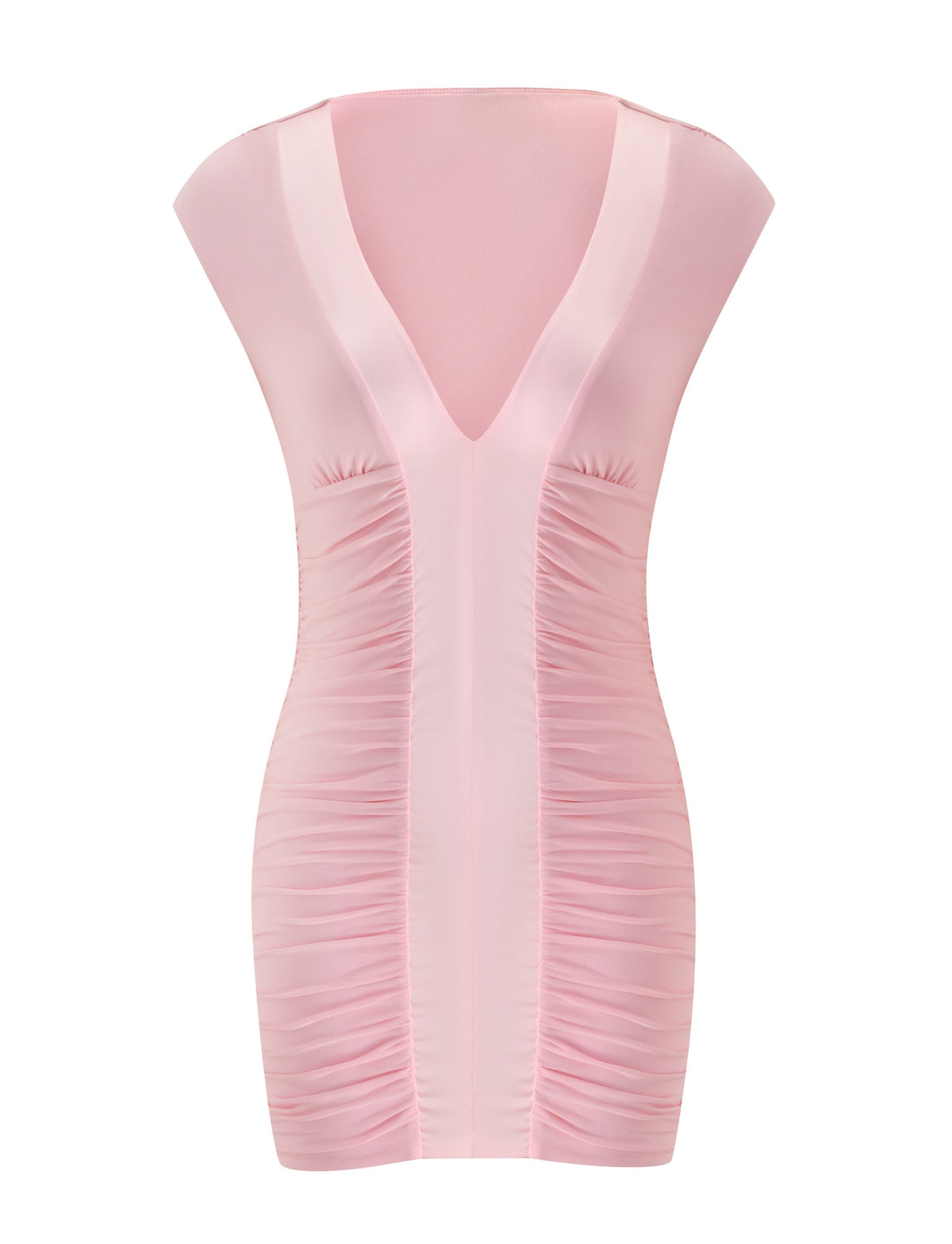 The ROMI MINI DRESS by TIGERMIST is a light pink, sleeveless bodycon mini dress featuring a deep V-neckline and flattering ruched detailing along the front and sides—making it the perfect choice for your next date night.