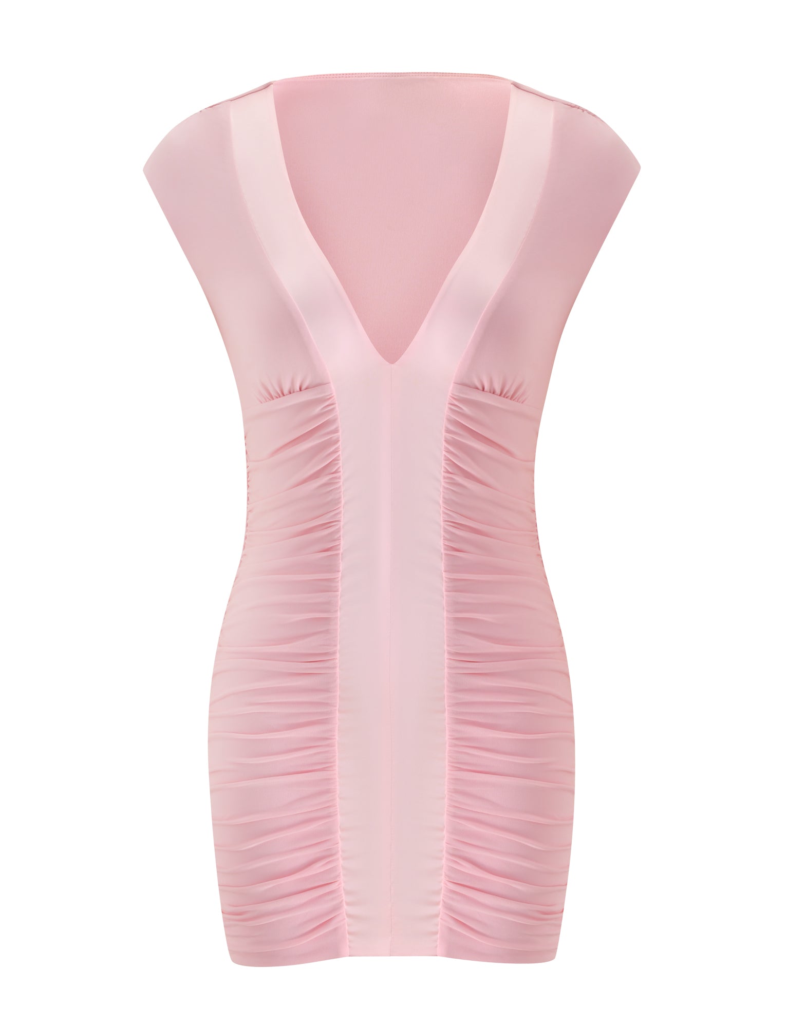 The ROMI MINI DRESS by TIGERMIST is a light pink, sleeveless bodycon mini dress featuring a deep V-neckline and flattering ruched detailing along the front and sides—making it the perfect choice for your next date night.