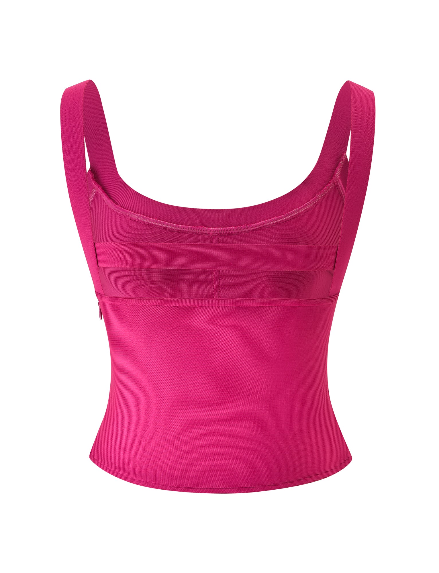 The EVA BANDAGE TOP - MAGENTA by TIGERMIST is a vibrant magenta pink cropped tank featuring wide shoulder straps, a fitted bodycon silhouette, and a low scoop neckline, shown against a white background.