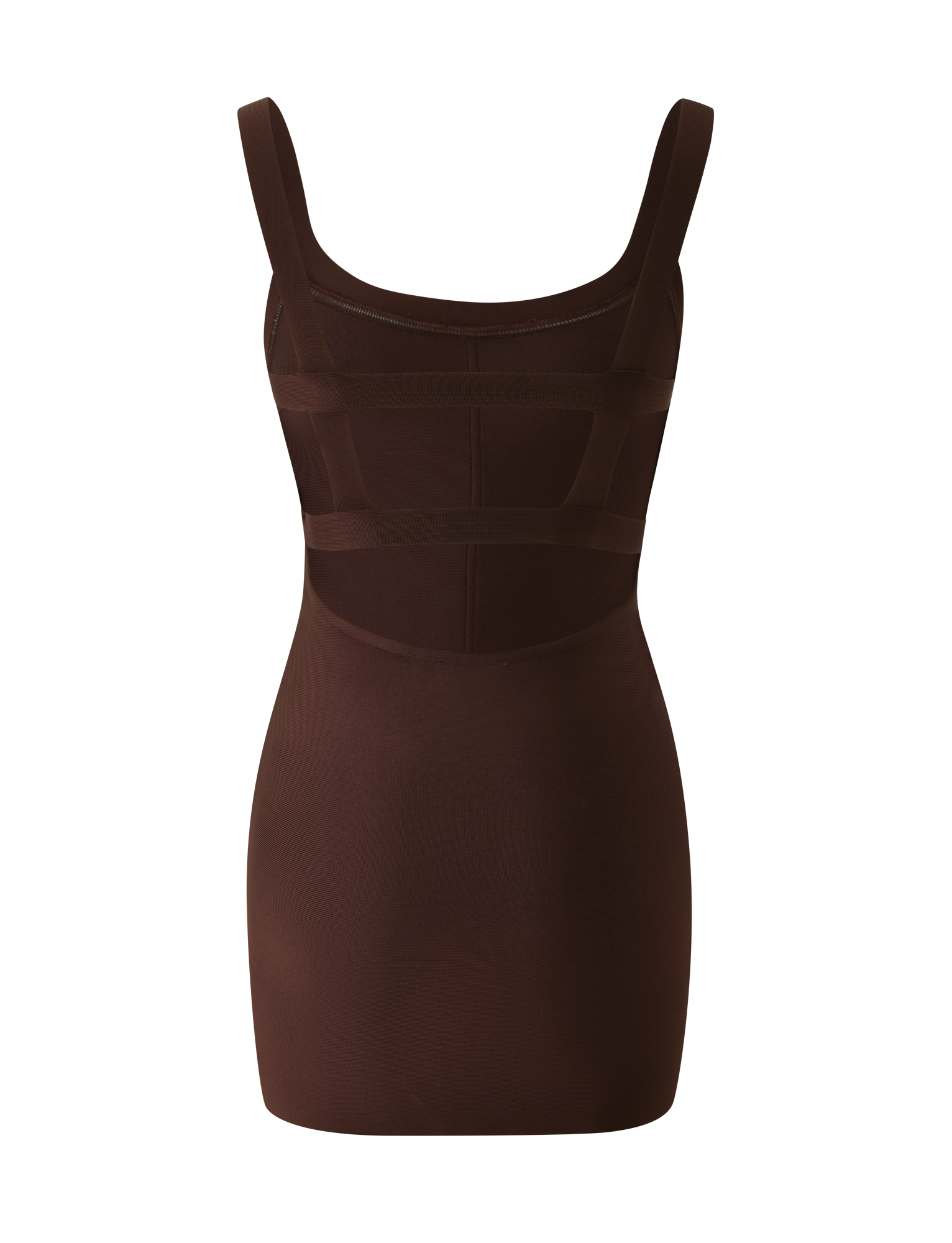 The EVA BANDAGE MINI DRESS by TIGERMIST is a sleeveless, chocolate brown mini dress featuring a bodycon fit, thick straps, contouring seam details, and an open strappy back, shown on a plain white background.
