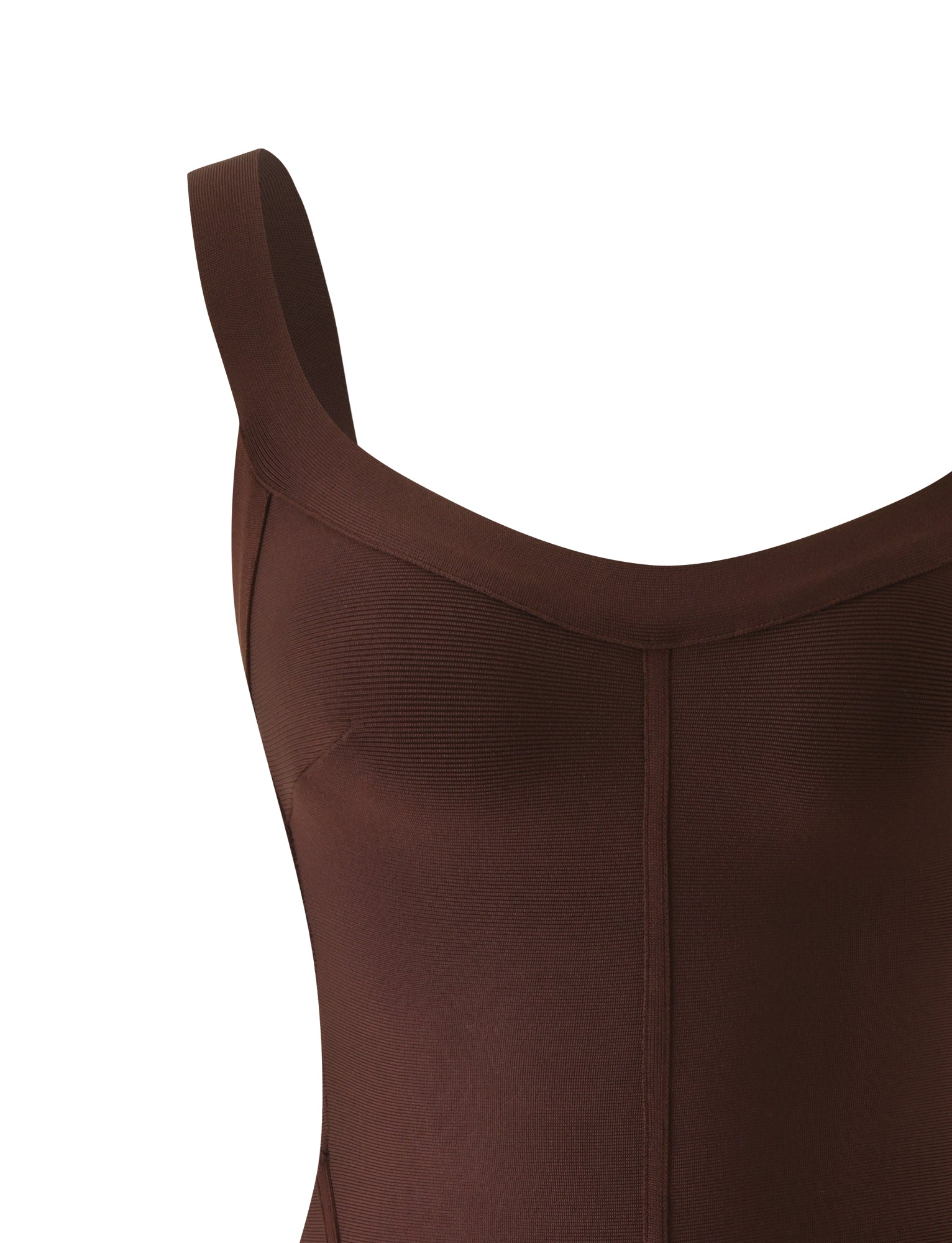 Close-up of the TIGERMIST EVA BANDAGE MINI DRESS in chocolate brown, a sleeveless mini dress with a bodycon fit, wide neckline, and visible seam details, displayed against a plain background.