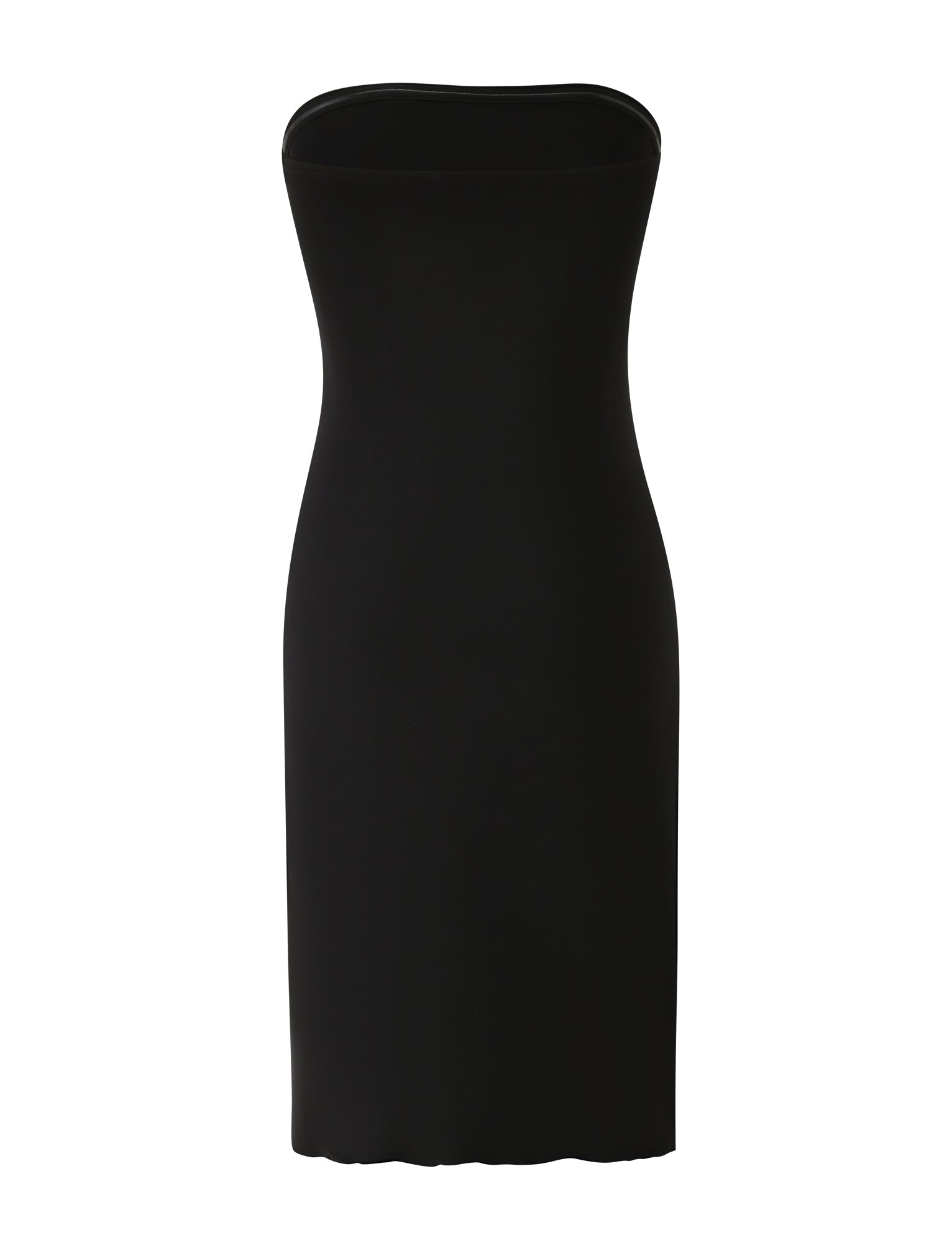 The VIVIANNE MIDI DRESS by TIGERMIST features a strapless, straight neckline and a sleek, fitted silhouette in classic black. With a subtly wavy hemline, this bodycon dress is perfect for date night and is showcased against a plain white background.