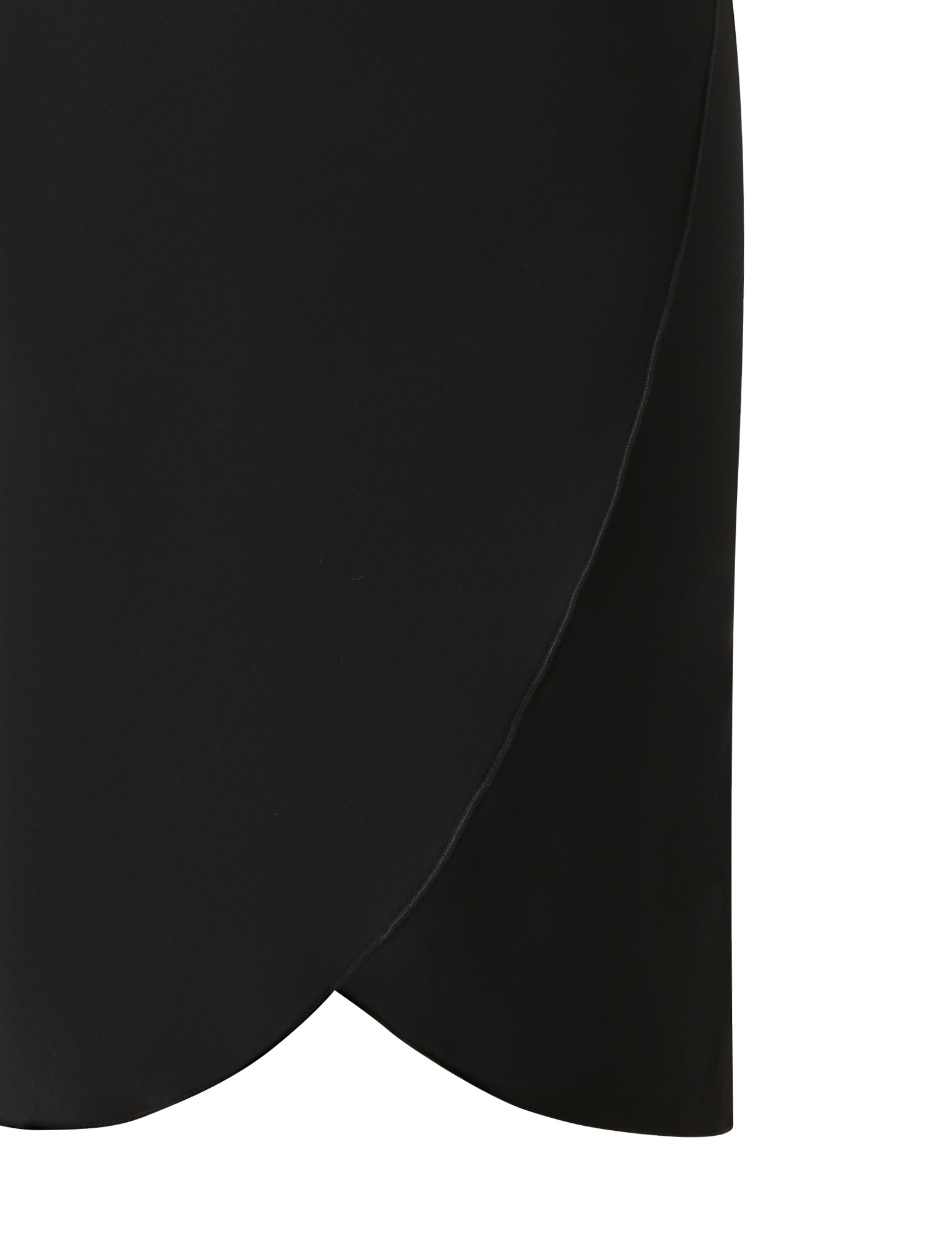 A close-up of a black wrap skirt with a curved hemline showcases its smooth fabric and neatly stitched edge against a plain background—perfect for pairing with the TIGERMIST VIVIANNE MIDI DRESS in Black to create an effortlessly chic date night look.