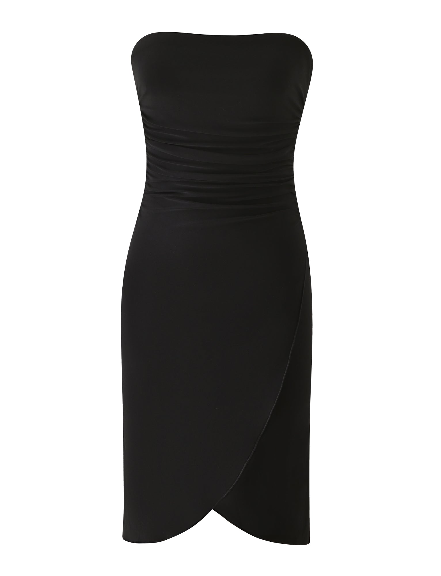 Introducing the TIGERMIST VIVIANNE MIDI DRESS in black—a stunning strapless dress featuring a fitted, ruched bodice and a tulip-style wrap skirt with an asymmetrical hem. With its sleek, elegant, and minimalist design, this black midi dress is perfect for any special occasion or as your go-to date night look.