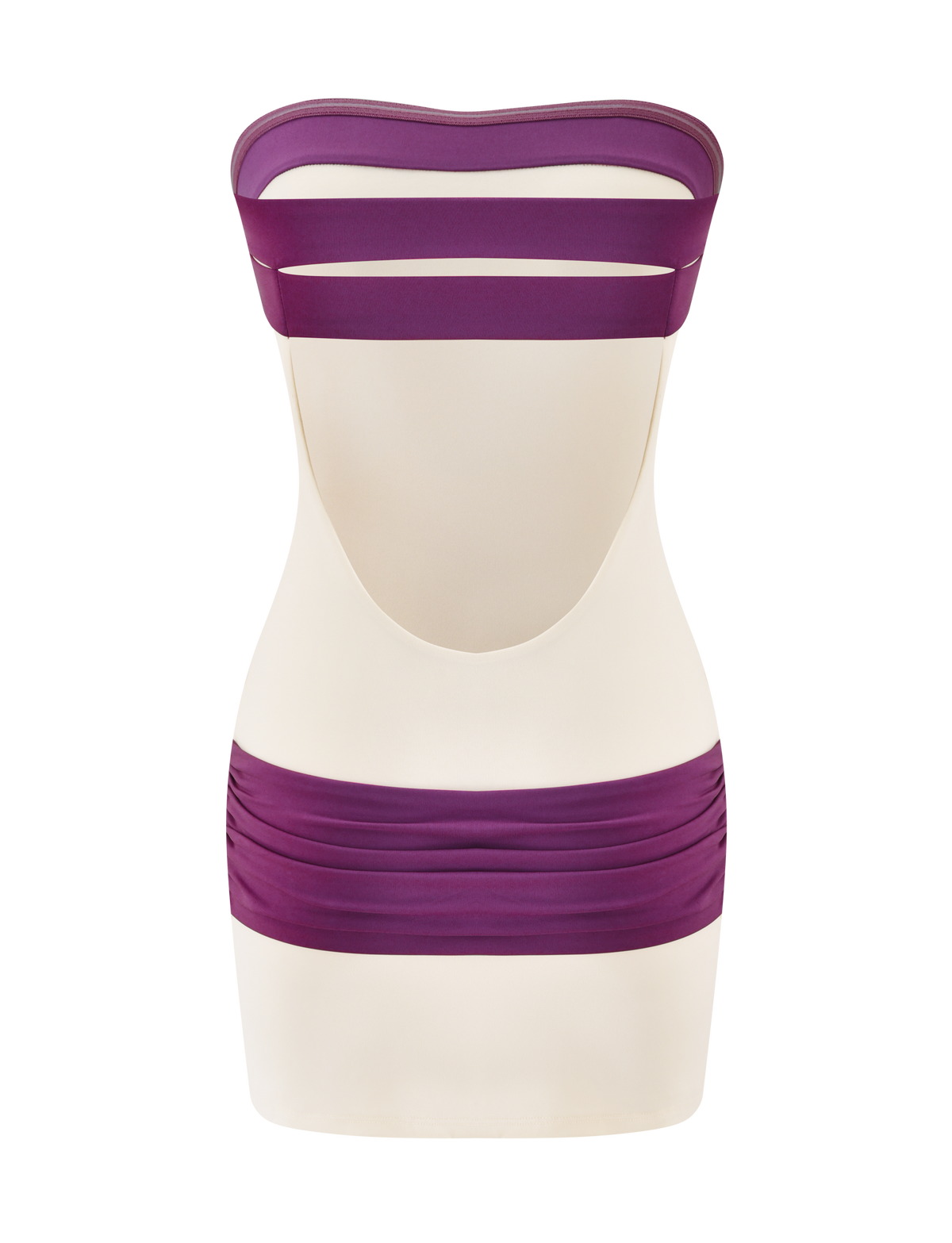 The EOS MINI DRESS by TIGERMIST features a cream base with bold dusty lilac bands, a sleeveless bodycon fit, open back, and ruched sides for added style.