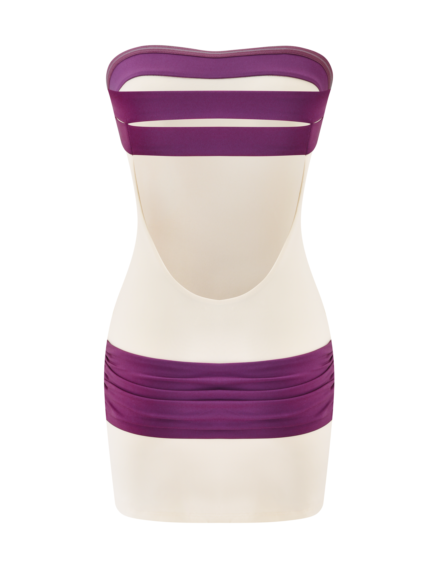 The EOS MINI DRESS by TIGERMIST features a cream base with bold dusty lilac bands, a sleeveless bodycon fit, open back, and ruched sides for added style.