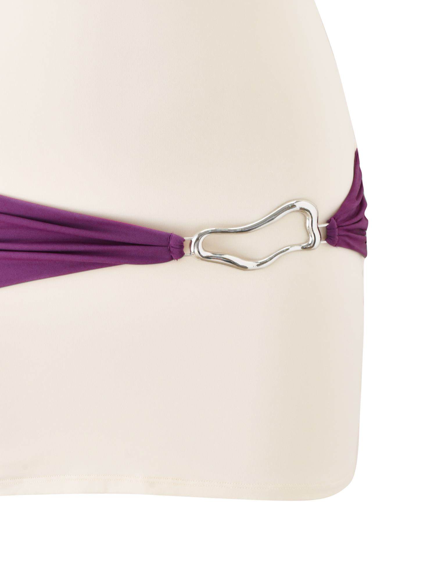 A close-up of the TIGERMIST EOS MINI DRESS in cream and dusty lilac, featuring a purple strap with a silver buckle detail at the hip.