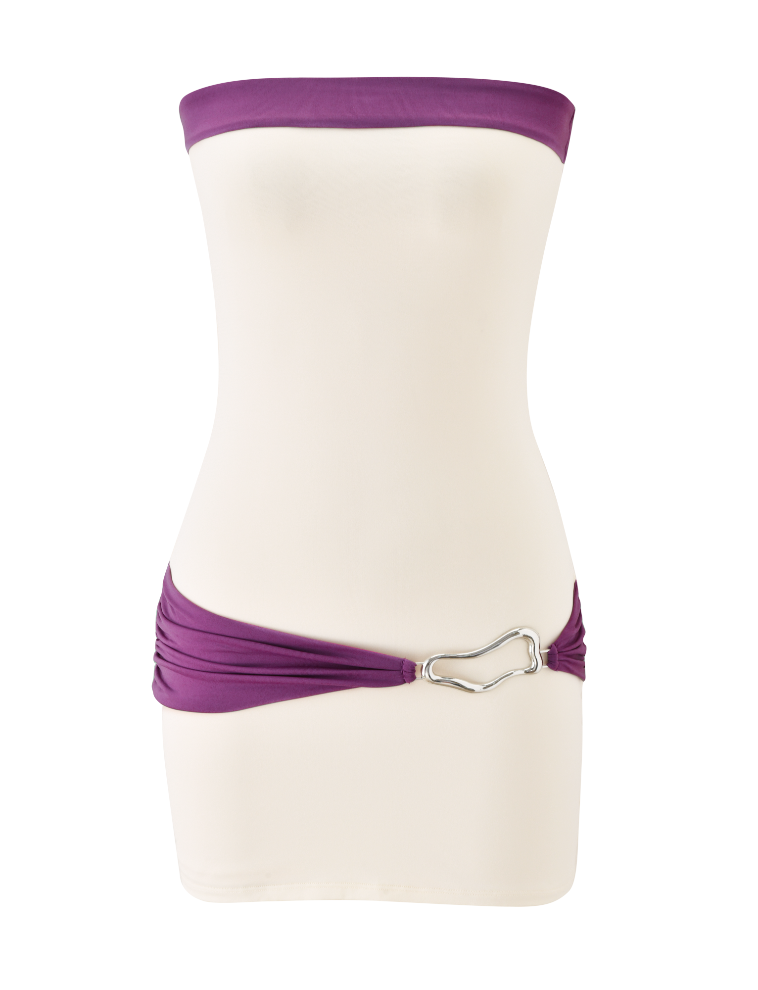 The TIGERMIST EOS MINI DRESS in cream and dusty lilac is a strapless, form-fitting mini dress with a silver heart-shaped hip buckle, shown on a white mannequin torso against a plain background.