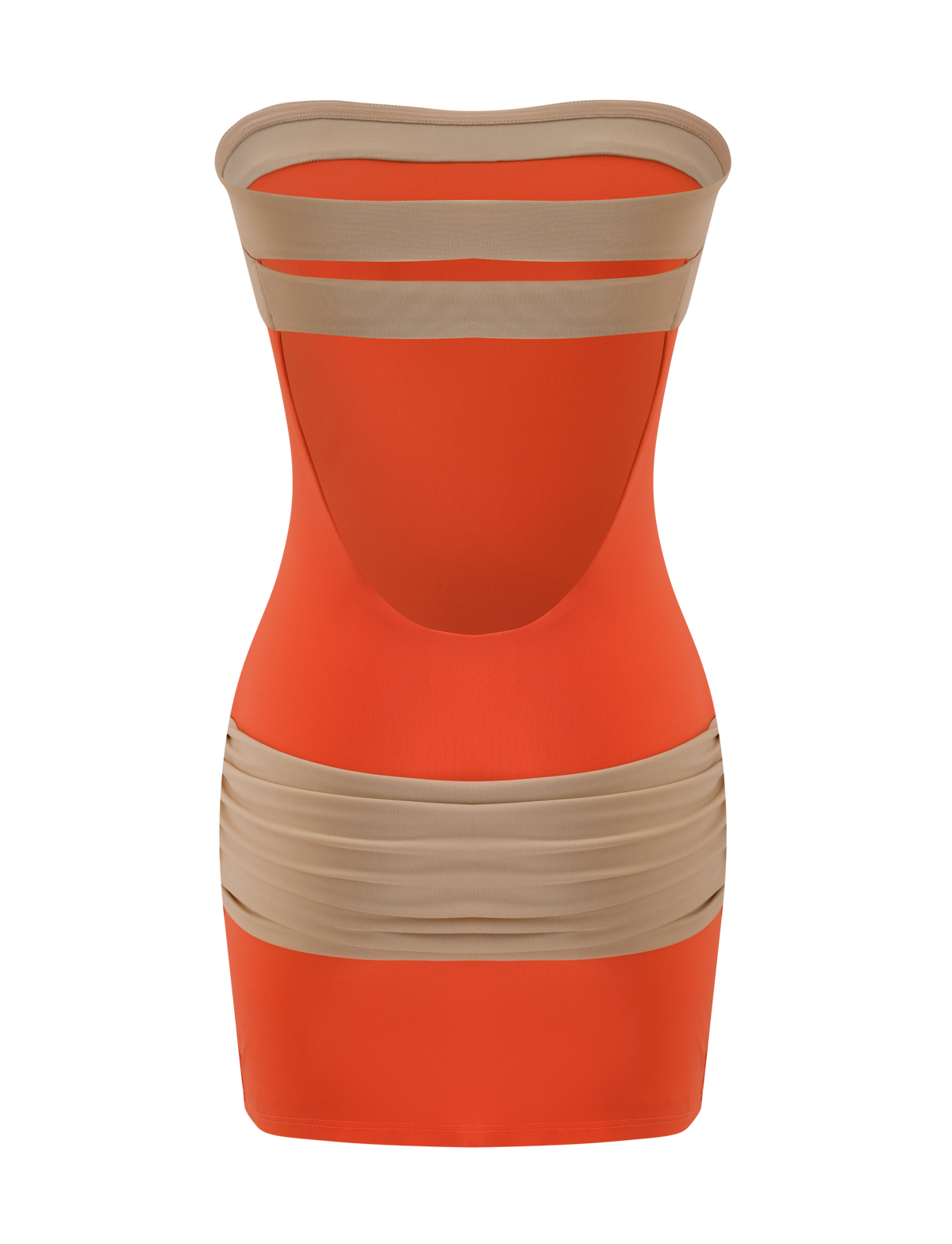 The TIGERMIST EOS MINI DRESS in persimmon and taupe is a strapless, colour-blocked mini dress with beige bands, a front cutout, fitted silhouette, and open back for a bold, modern style.