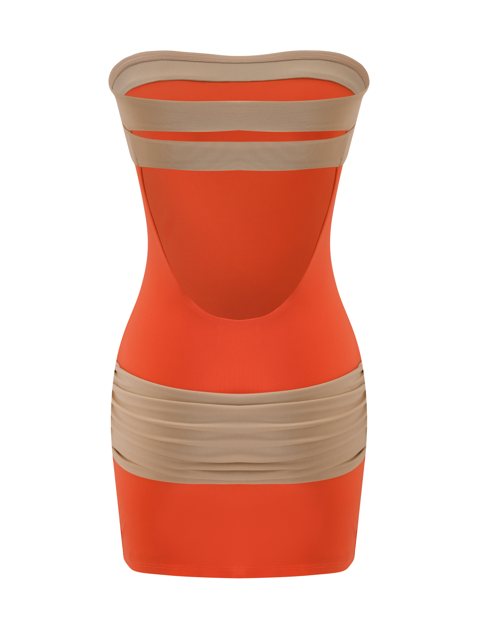 The TIGERMIST EOS MINI DRESS in persimmon and taupe is a strapless, colour-blocked mini dress with beige bands, a front cutout, fitted silhouette, and open back for a bold, modern style.