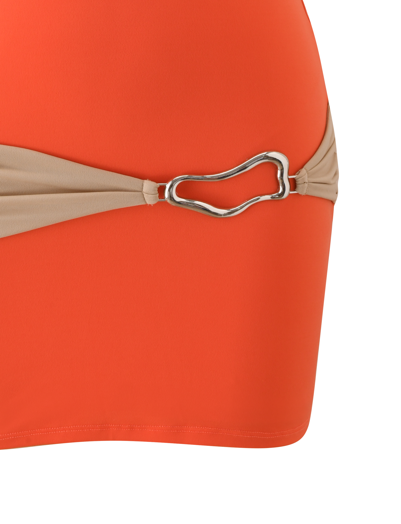 Close-up of the EOS MINI DRESS by TIGERMIST in persimmon and taupe, featuring a beige side strap with a silver buckle, displayed against a plain white background.