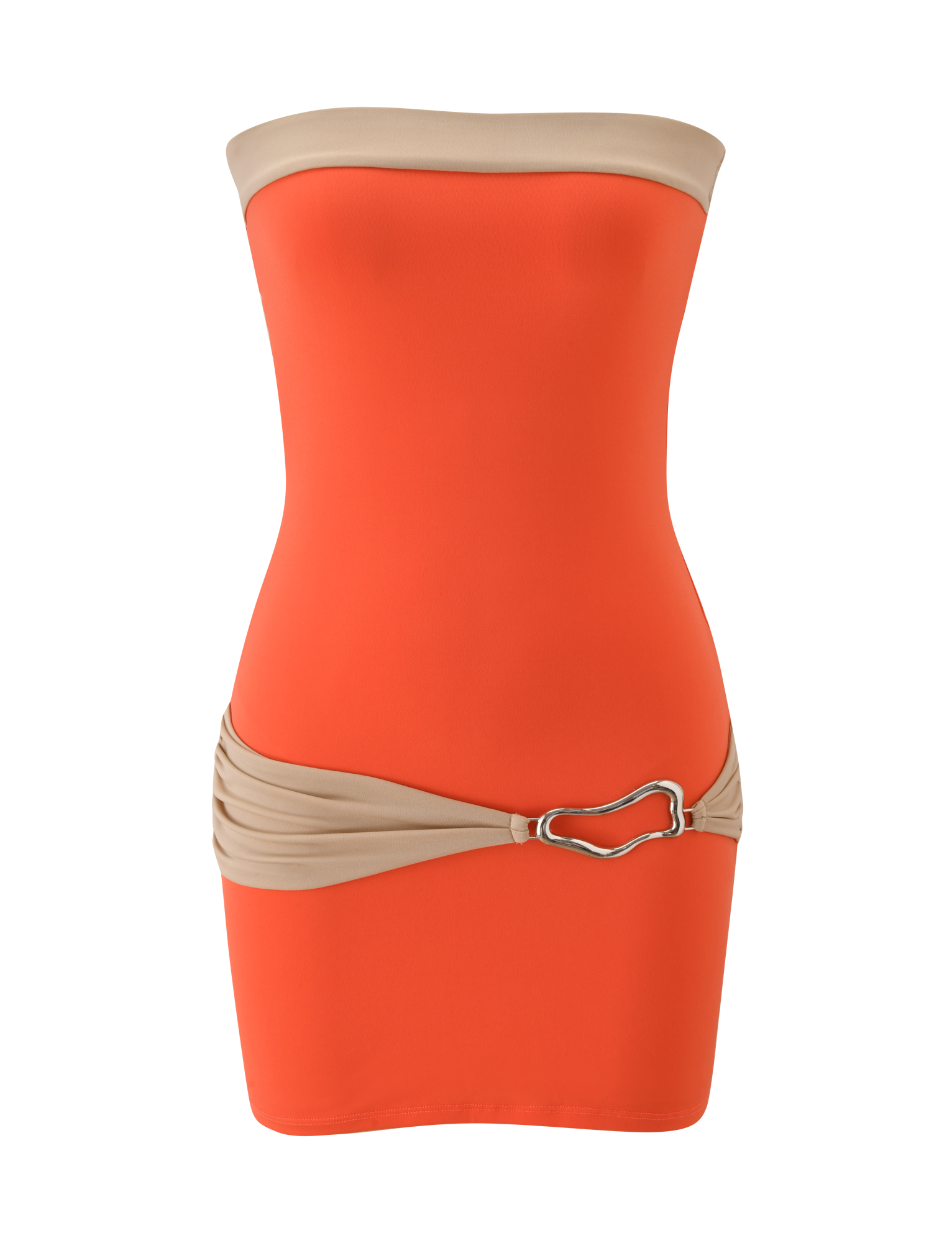 The TIGERMIST EOS MINI DRESS in persimmon and taupe is a strapless, colour-blocked mini dress with a taupe band at the top and matching belt at the hips, finished with a silver heart-shaped buckle on the left side.